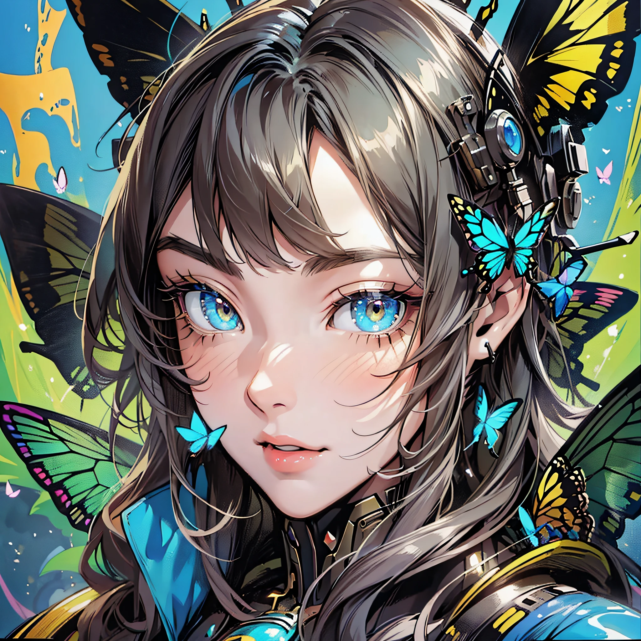 Close up portrait of woman in swallowtail butterfly color costume, best anime 4K wallpaper, cyberpunk butterfly, mechanized Valkyrie girl, biomechanical, human structure bee concept art, highly detailed Artgerm based on butterfly, cyborg man butterfly, anime style 4K, insect trainer girl, butterfly,