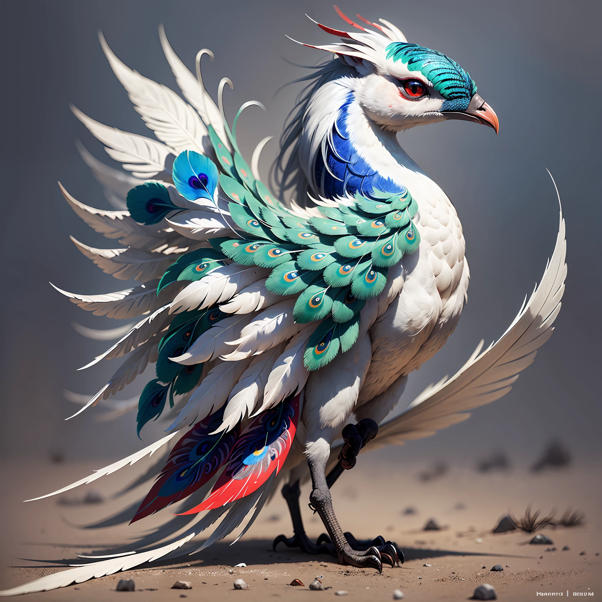 A four-legged animal with gray hair, no facial features, red runes painted on its body, a slender tail, and white feathers like a peacock at the tip of its tail, it is sucking souls --auto --s2