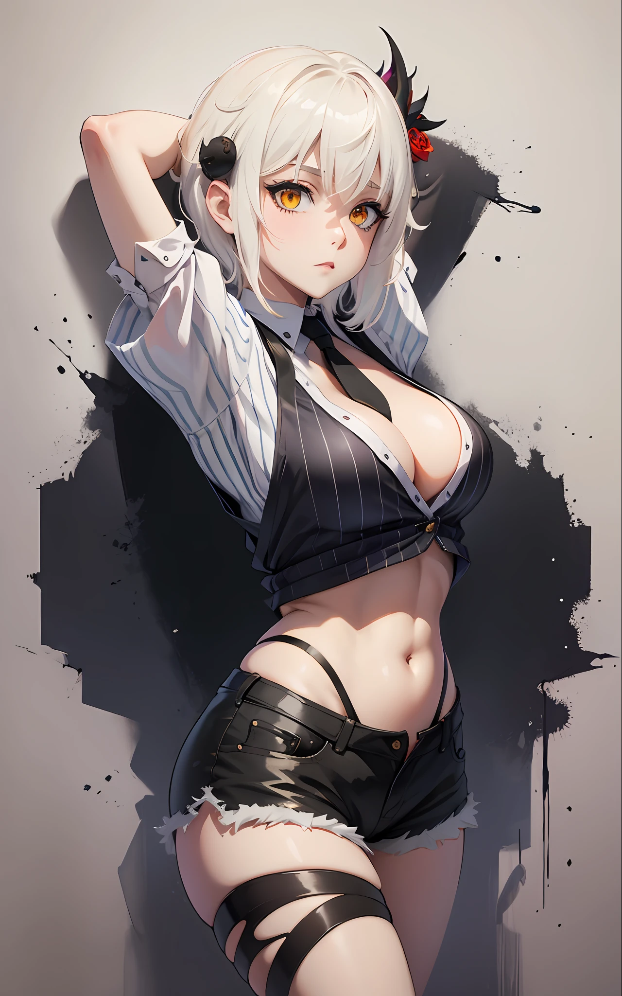 masterpiece, cleavage, white shirt, striped shirt, short shorts, best quality, highres, dark persona, watercolor painting theme, (looking at the viewer: 1.1), wide hips, big ass, standing, bent, tojou koneko, yellow eyes, white hair, short hair, hair ornament, black ribbon around the neck, erotica, belly tattoo, lust tattoo,