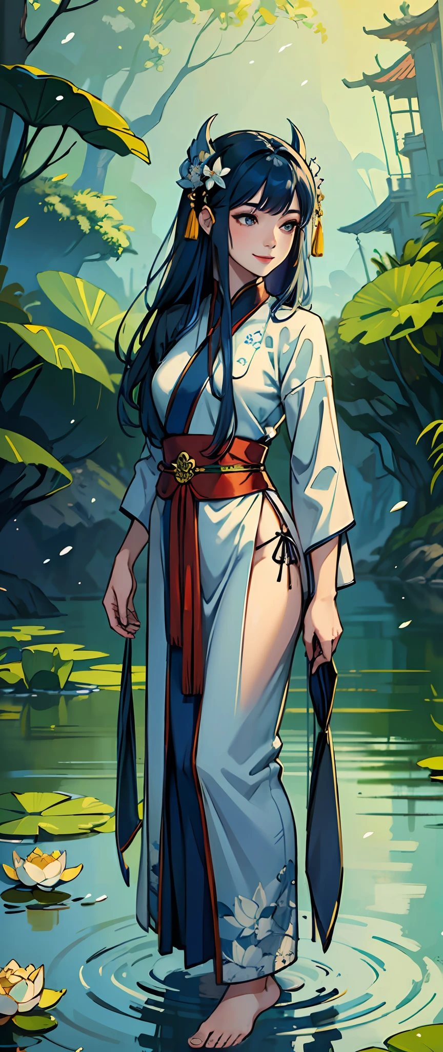 ((4k,masterpiece,best quality)), shuimobysim, traditional chinese ink painting, lotus, hanfu, maxiskit, dress conservatively 1girl, solo, long blue hair, smile, standing, feet in the water, barefoot, --auto --s2
