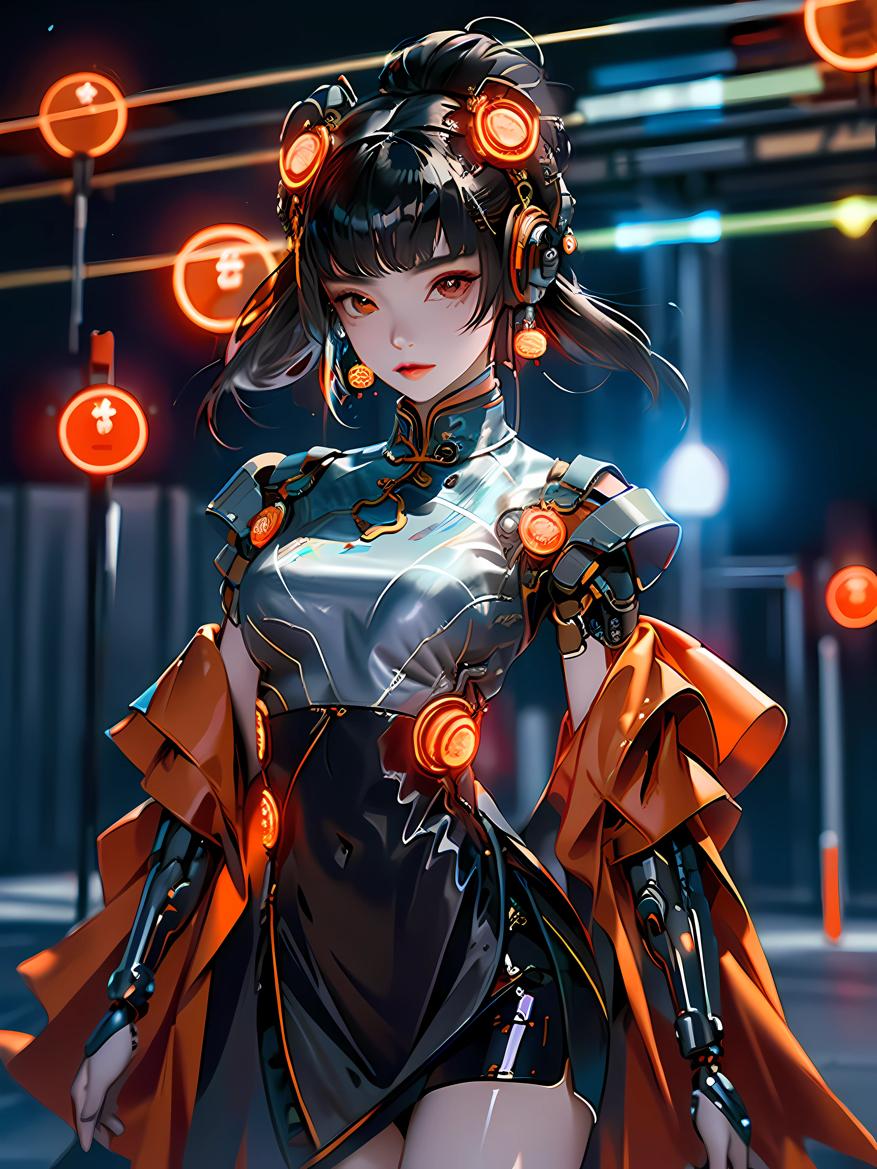 1 girl, Chinese_clothes, metallic black titanium and orange, cyberhan, cheongsam, cyberpunk city, dynamic pose, detailed luminous headphones, glowing hair accessories, long hair, luminous earrings, glowing necklace, cyberpunk, high-tech city, full of mechanical and futuristic elements, futurism, technology, glowing neon, orange, orange light, fluorescent orange, skirt, cape, coat, laser, digital background, urban sky, big moon, with vehicle, best quality, masterpiece, 8K, Character edge light, super high detail, high quality, the most beautiful woman in human beings, slight smile, face facing front left and right symmetry, ear decoration, beautiful pupils, light effects, visual data, pick and dye orange, dye hair, super detail facial texture, happy and proud, weapon system, mecha style, crowded street passers-by, full body in camera, infinite zoom, super light and shadow, various poses, long hair flowing, glowing boots