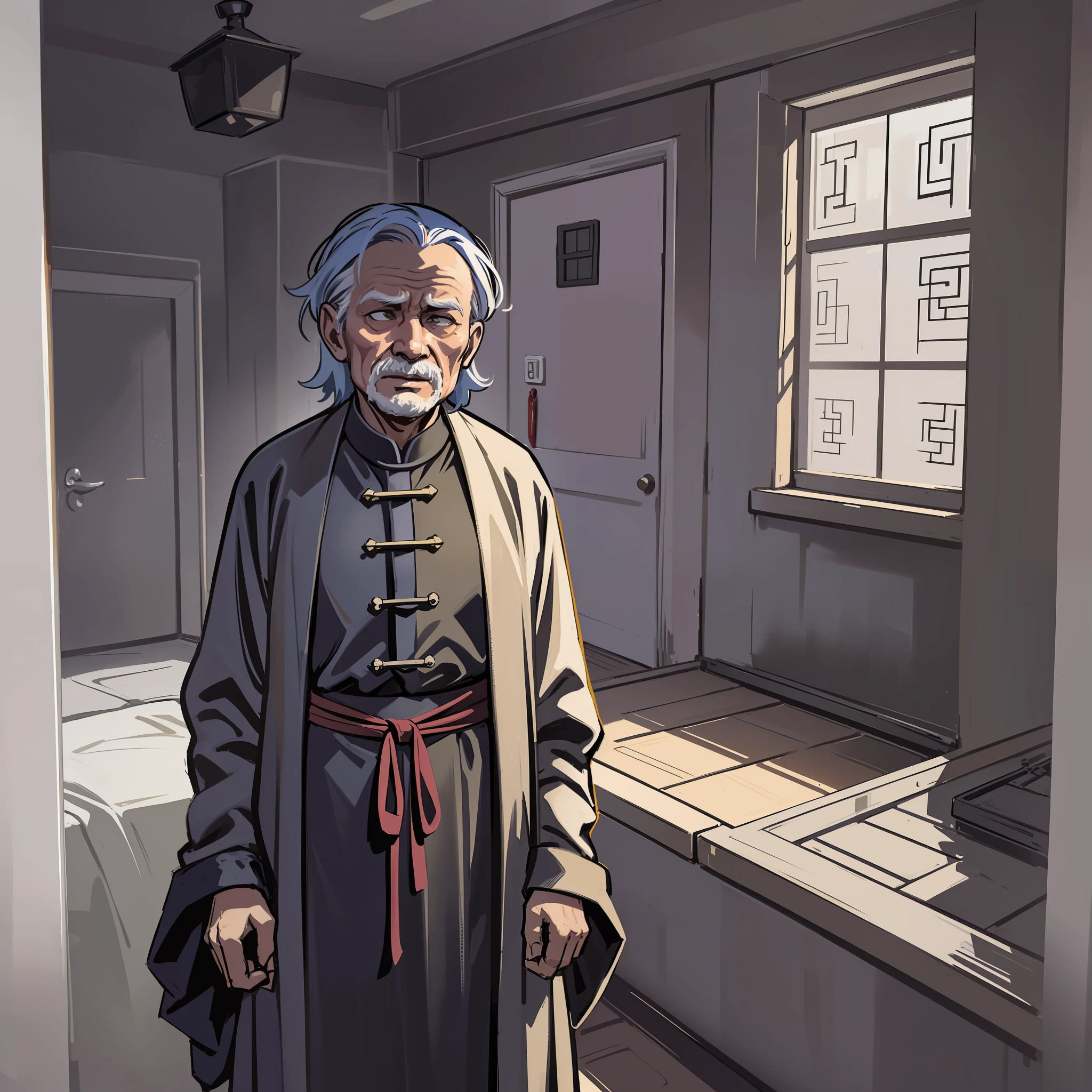 Old man, room, Taoist dress, horror atmosphere, sense of shade, sense of desolation, doomsday atmosphere, cold colors, dim light, flat lines