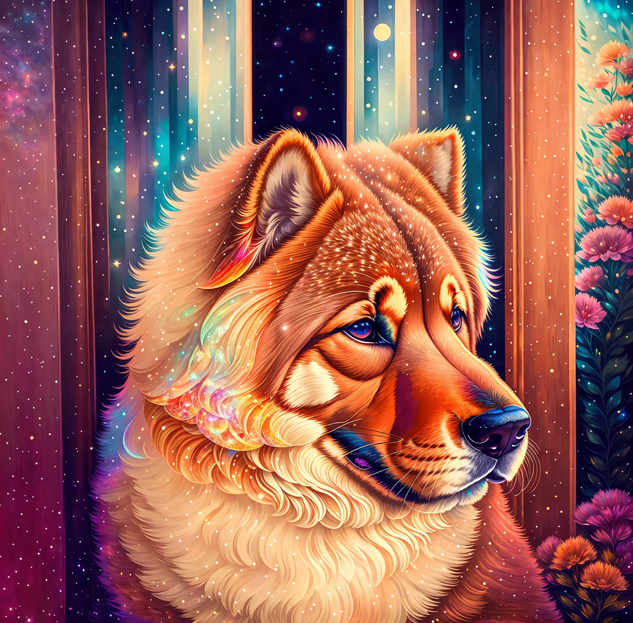 a painting of a colorful chow dog on a black background,, breathtaking rendering, within a radiant connection, inspired by Kinuko Y. Craft,, magical elements, icon of a dog chow chow, wow, is beautiful, casting a multi colorful spell, bright flash, flash, intricate, masterpiece, expert, insanely detailed, composition, framing, centered, symmetry, Painted, intricate, volumetric lighting, beautiful, rich masterpiece of deep colors, sharp focus, ultra detailed, in the style of Dan Mumford and Marc Simonetti, astrophotography, (vivid colors), (((universe in the eyes)), (((very colorful hazy light of the universe around the dog)))