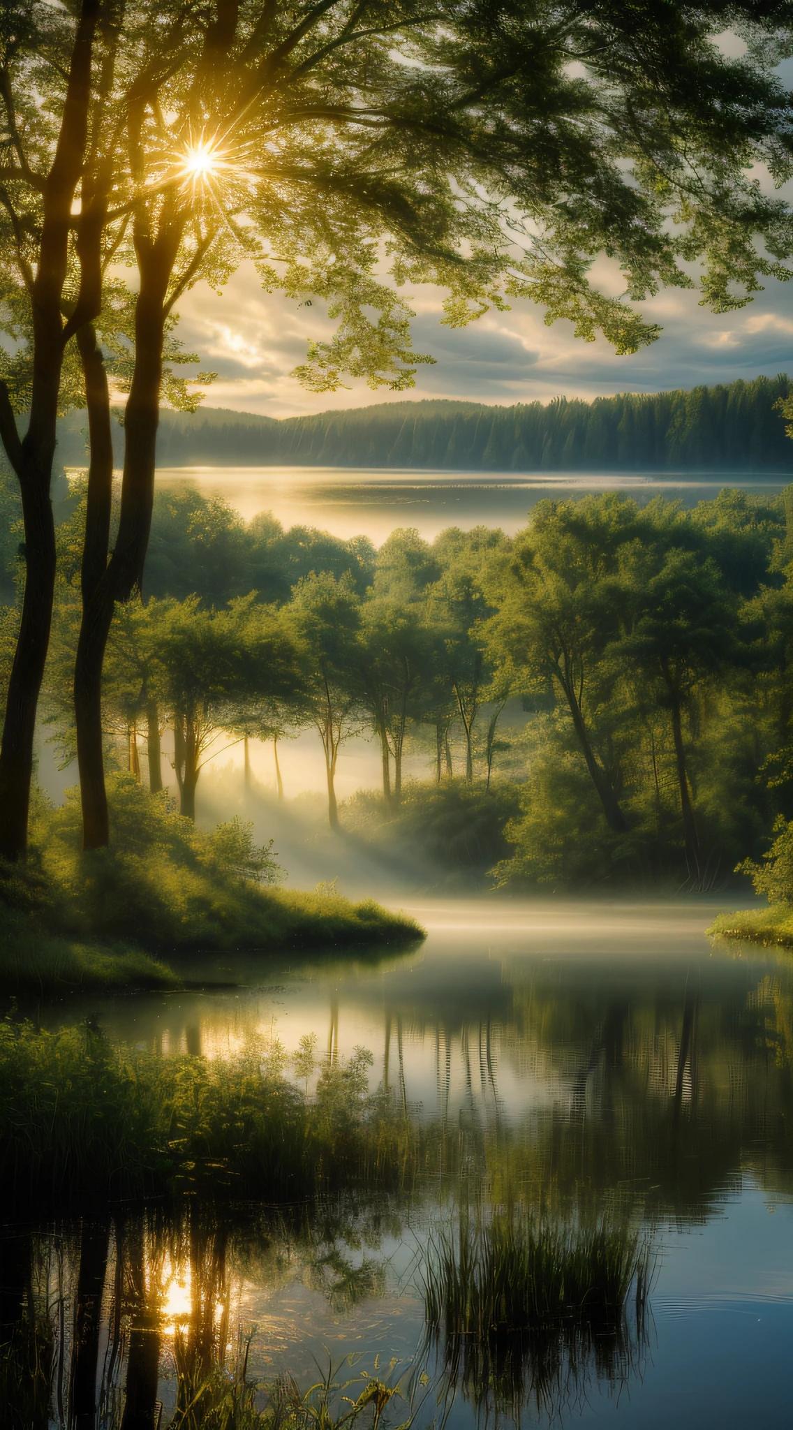wallpaper, summer, lake, a ree drinks from the lake, dawn, forest, detailed forest, clouds, masterpiece, cinematic, soft light, depth of field, ray tracing, reflection in water, realism, ulra detailed,