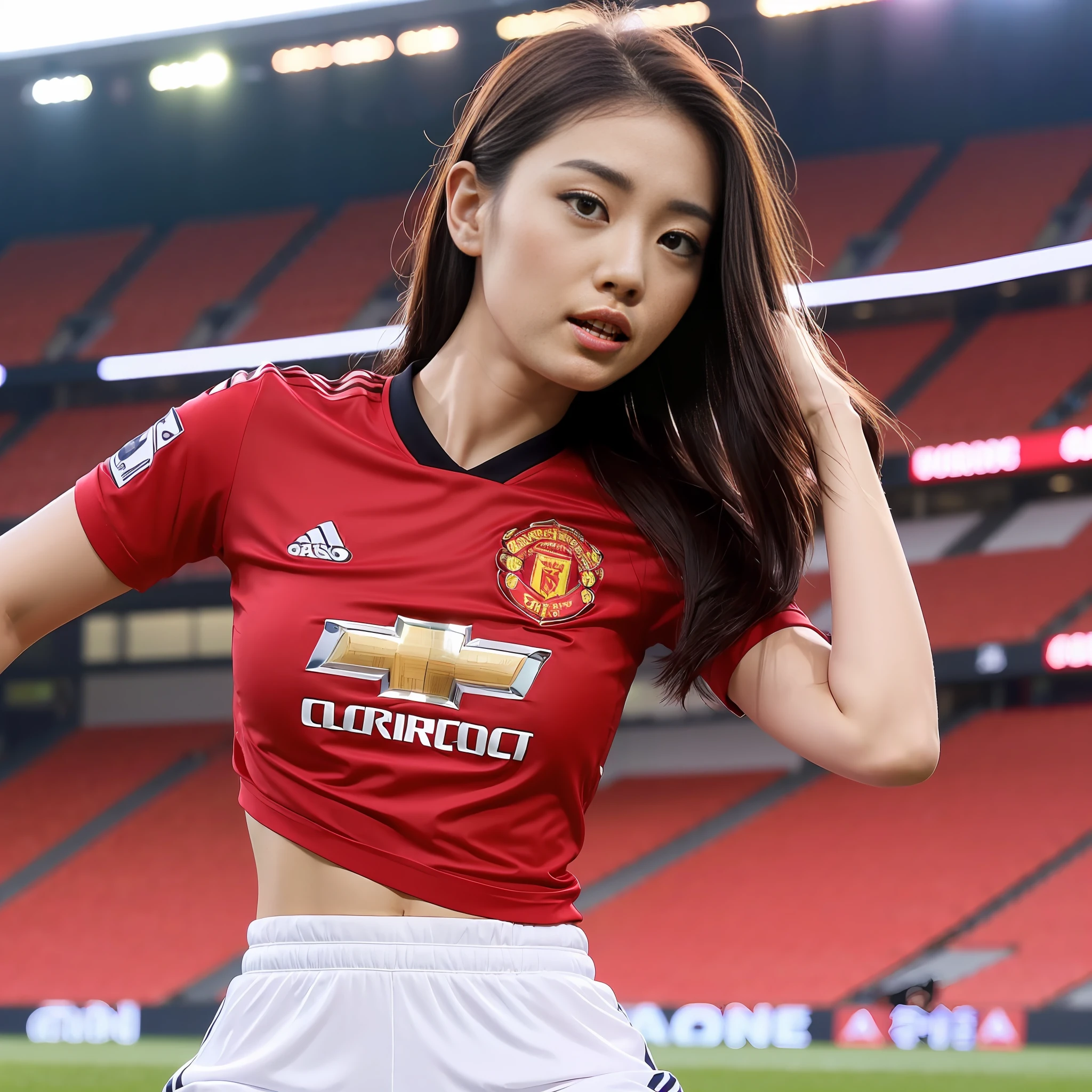 Beautyfull asian girl ever,wearing tight Manchester united home jersey ((2023 2024 season)),big huge boobs, random posing,empty stadium at background, highly detailed,high resolution, 1 girl, perfect body, perfect face, huge breasts((((1 girl))))