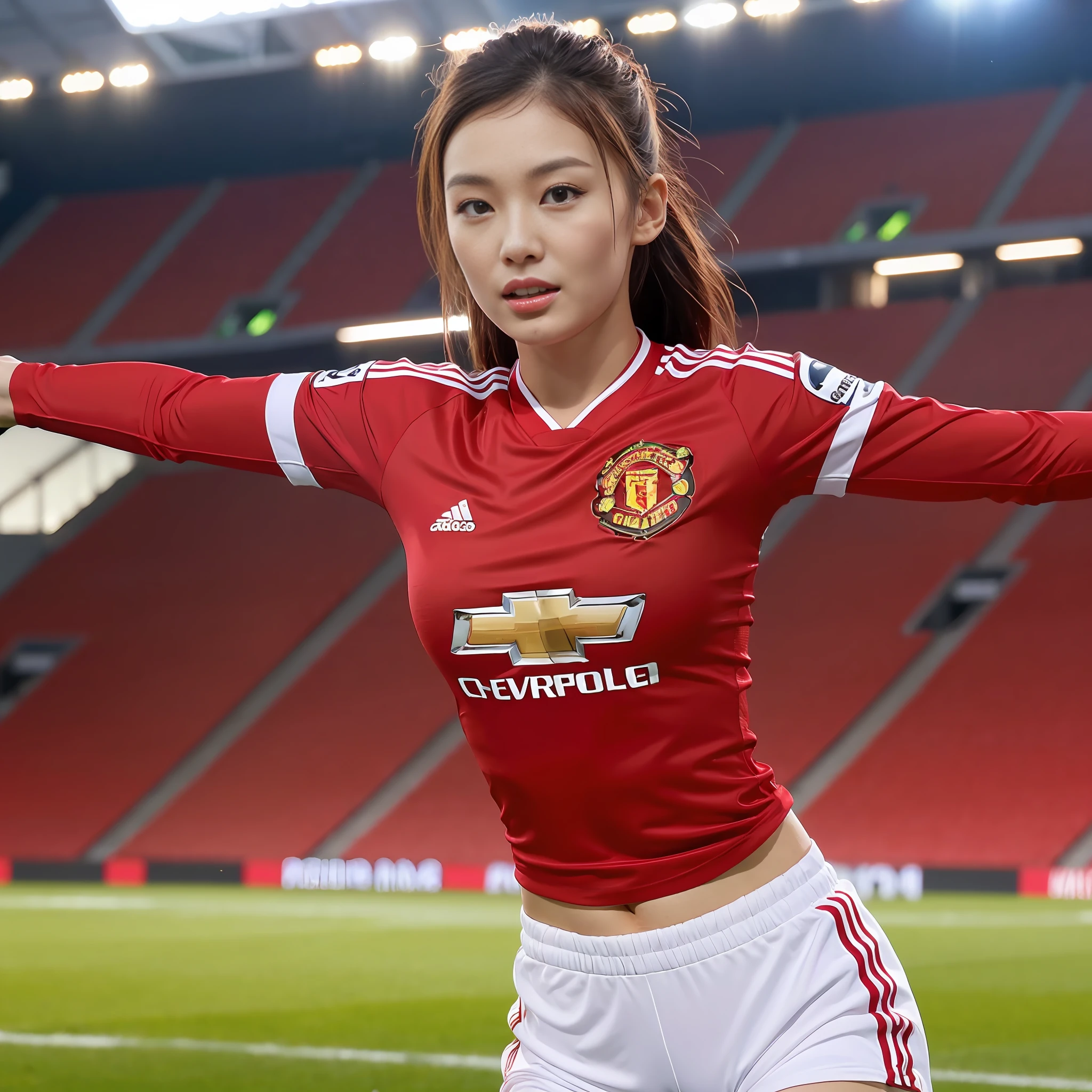 Beautyfull asian girl ever,wearing tight Manchester united home jersey ((2023 2024 season)),big huge boobs, random posing,empty stadium at background, highly detailed,high resolution, 1 girl, perfect body, perfect face, huge breasts((((1  girl))))