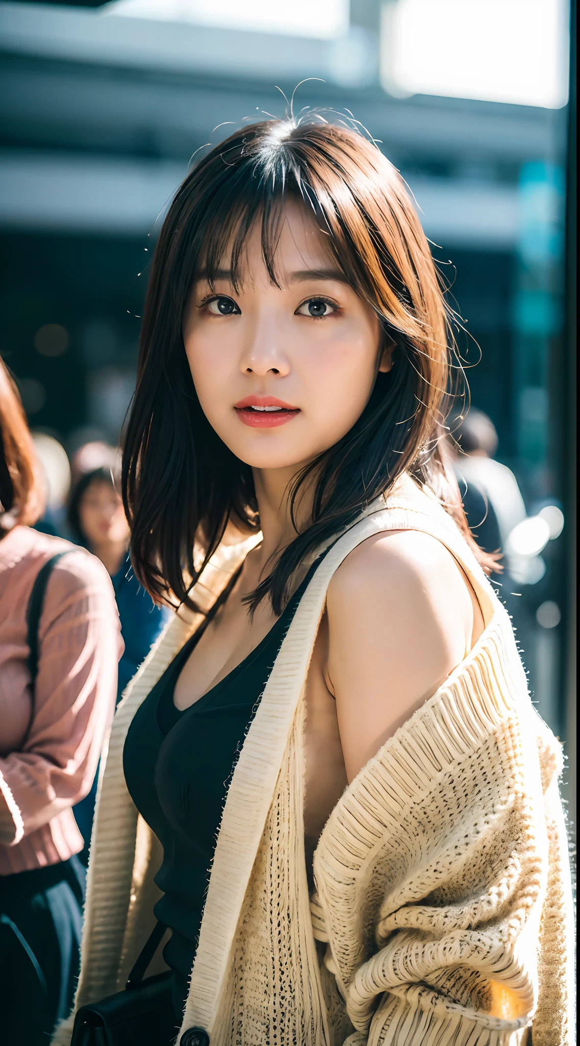 36-year-old woman, mature woman, random background, (cardigan shirt girl) (Chanel bag on right shoulder), RAW photo, (realism: 1. 37, realistic), highly detailed CG unified 8K wallpaper, 1 girl, huge tits, slightly chubby, looking at the audience, (((directly from the front))), (HQ skin:1.2, shiny skin), 8k uhd, dslr, soft lighting, high quality, film grain, Fujifilm XT3, ((dynamic pose:1.2)) ((full body:0.6)) , anyageraldine