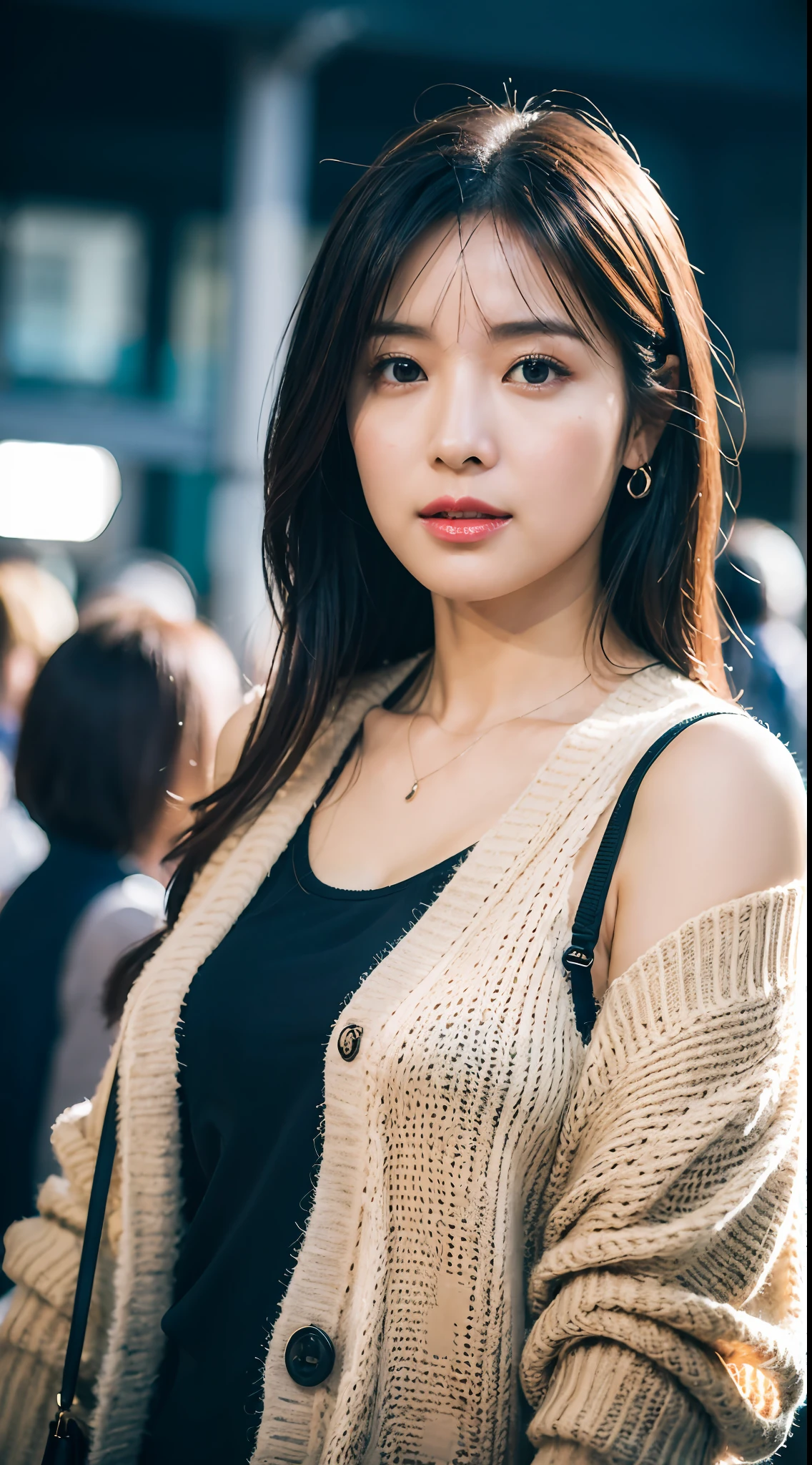 36-year-old woman, mature woman, random background, (cardigan shirt girl) (Chanel bag on right shoulder), RAW photo, (realism: 1. 37, realistic), highly detailed CG unified 8K wallpaper, 1 girl, huge tits, slightly chubby, looking at the audience, (((directly from the front))), (HQ skin:1.2, shiny skin), 8k uhd, dslr, soft lighting, high quality, film grain, Fujifilm XT3, ((dynamic pose:1.2)) ((full body:0.6)) , anyageraldine