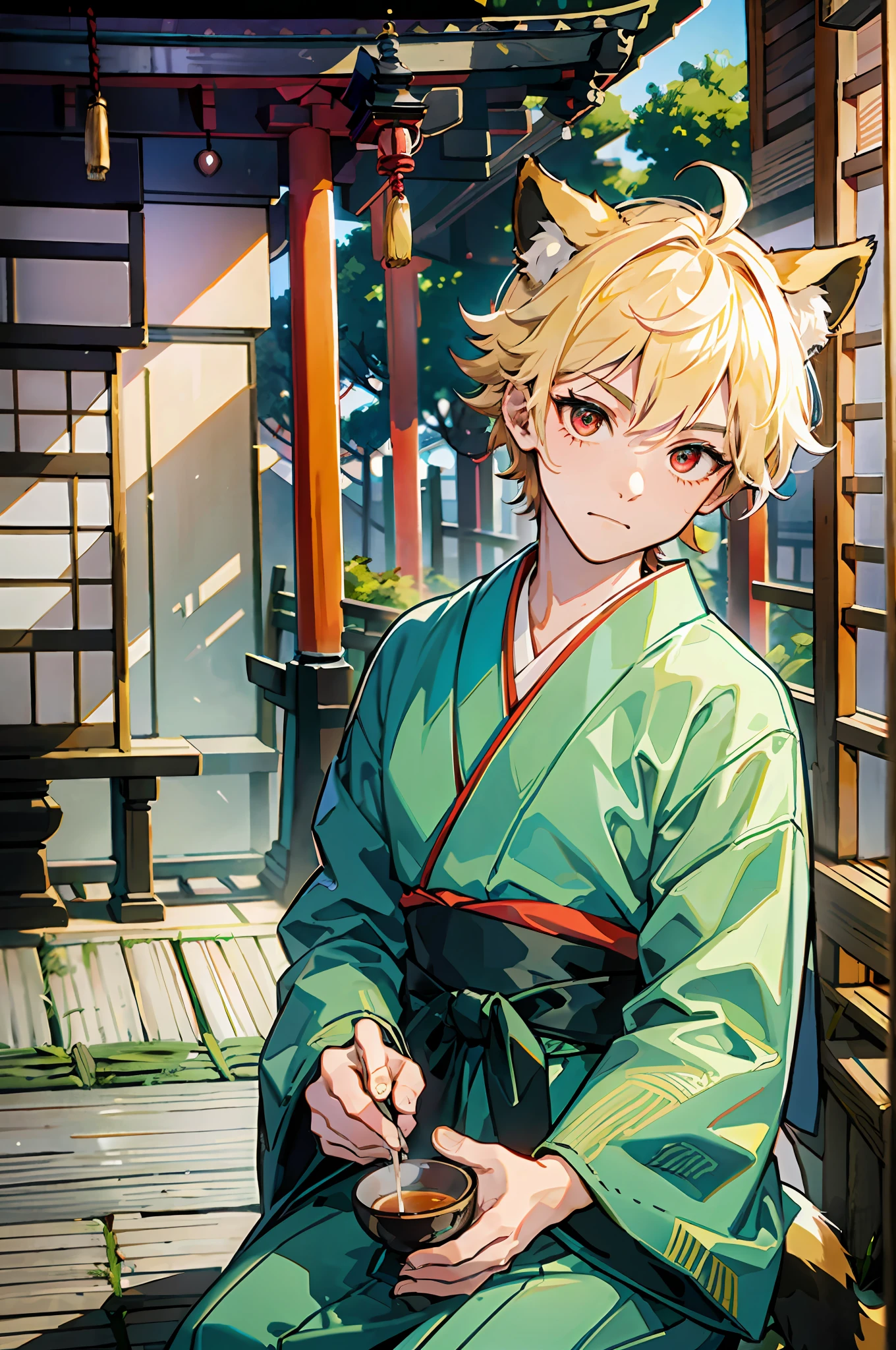 ((Representative work: 1.4, highest quality)), (2 boys: 1.2), (Blonde spiked hair and red eyes, fox ears and tail: 1.1), (Green short hair and big eyes, raccoon ears and tail: 1.2), (Japan Shinto priest, white and light blue hakama: 1.3), sit down and drink tea, the background is a temple in Kyoto.