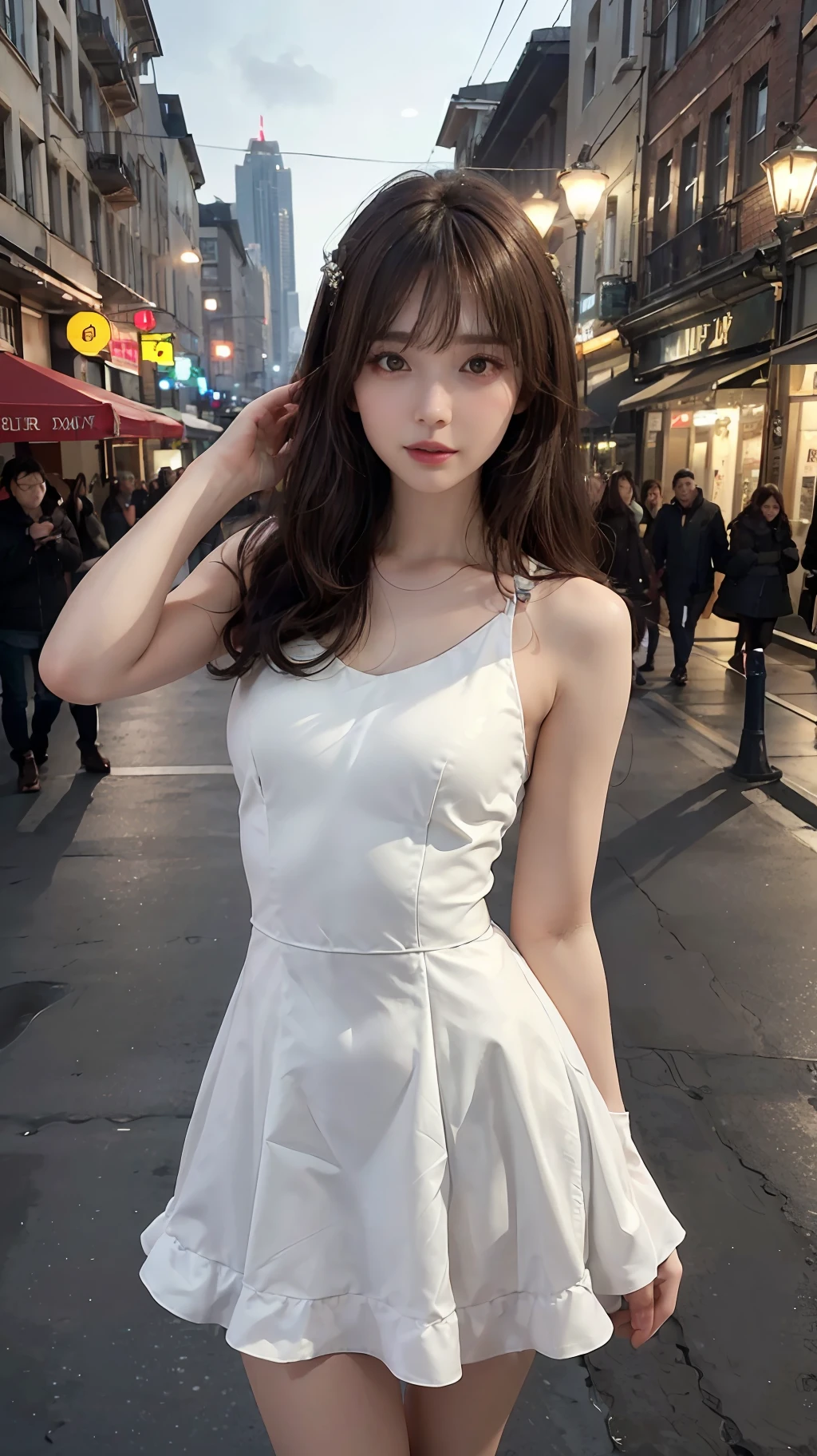 ((Realistic lighting, Best quality, 8K, Masterpiece: 1.3)), Focus: 1.2, 1girl, Perfect Figure: 1.4, Slim Abs: 1.1, ((Dark brown hair)), (White dress: 1.4), (Outdoor, Night: 1.1), City streets, Super fine face, Fine eyes, Double eyelids,