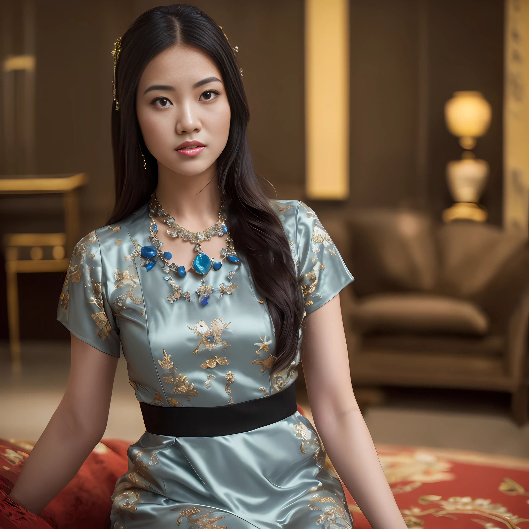 ,1girl, solo, chinese girl, realistic, photography, photorealistic, looking at viewer, blurry background, black hair, necklace, solo focus, long hair, china dress, indoor, living room, cinematic lighting, depth of field ,
