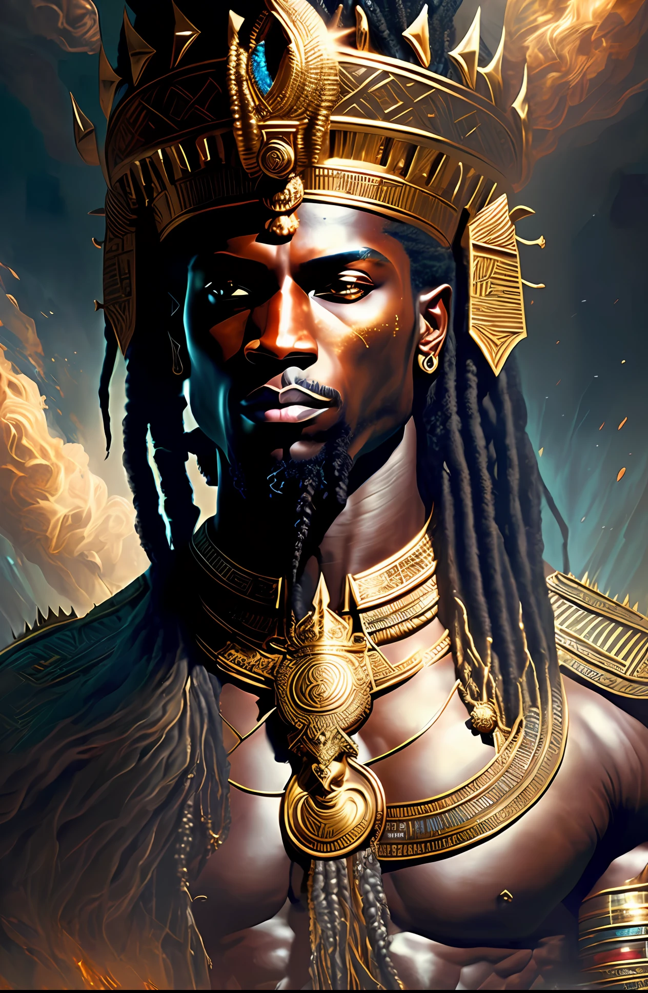 Highly (dynamic:1.2) scene art detailed (rutkowski:1.2), ((pharaoh crown of ramses II)), handsome, (dark skin), ((long woven dreadlocks)) ((muscular)), (fantastic amazing decoration:1.2), explosive volumetric, Delightful anatomy, (fantastic god perfect art, 64k ultra hd:1.1), (art by apterus, art by dan mumford:1.2)