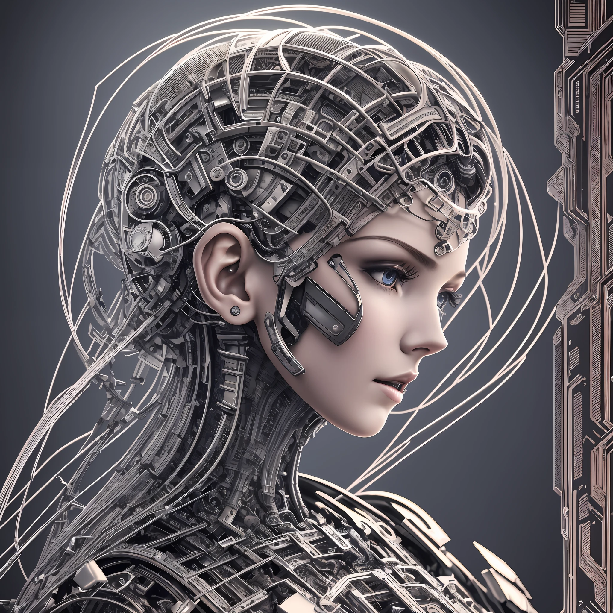 complex 3d ultra detailed render of a beautiful porcelain bust profile woman face android, cyborg, steampunk details, robotic parts, 150 mm, beautiful studio soft light, rim light, vibrant details, luxurious cyberpunk, lace, hyper-realistic, anatomical, facial muscles, cables electric wires, microchip, elegant, beautiful background, render octane, style H. R. Giger, 8k, best quality, masterpiece, illustration, an extremely delicate and beautiful,   extremely detailed, CG, unit, 16:9 wallpaper, (realistic, photo-realistic: 1.37), amazing, fine details, masterpiece, best quality, official art, extremely detailed CG 8k wallpaper unit, absurd, incredibly absurd, robot, cool and uniform dark background --auto --s2