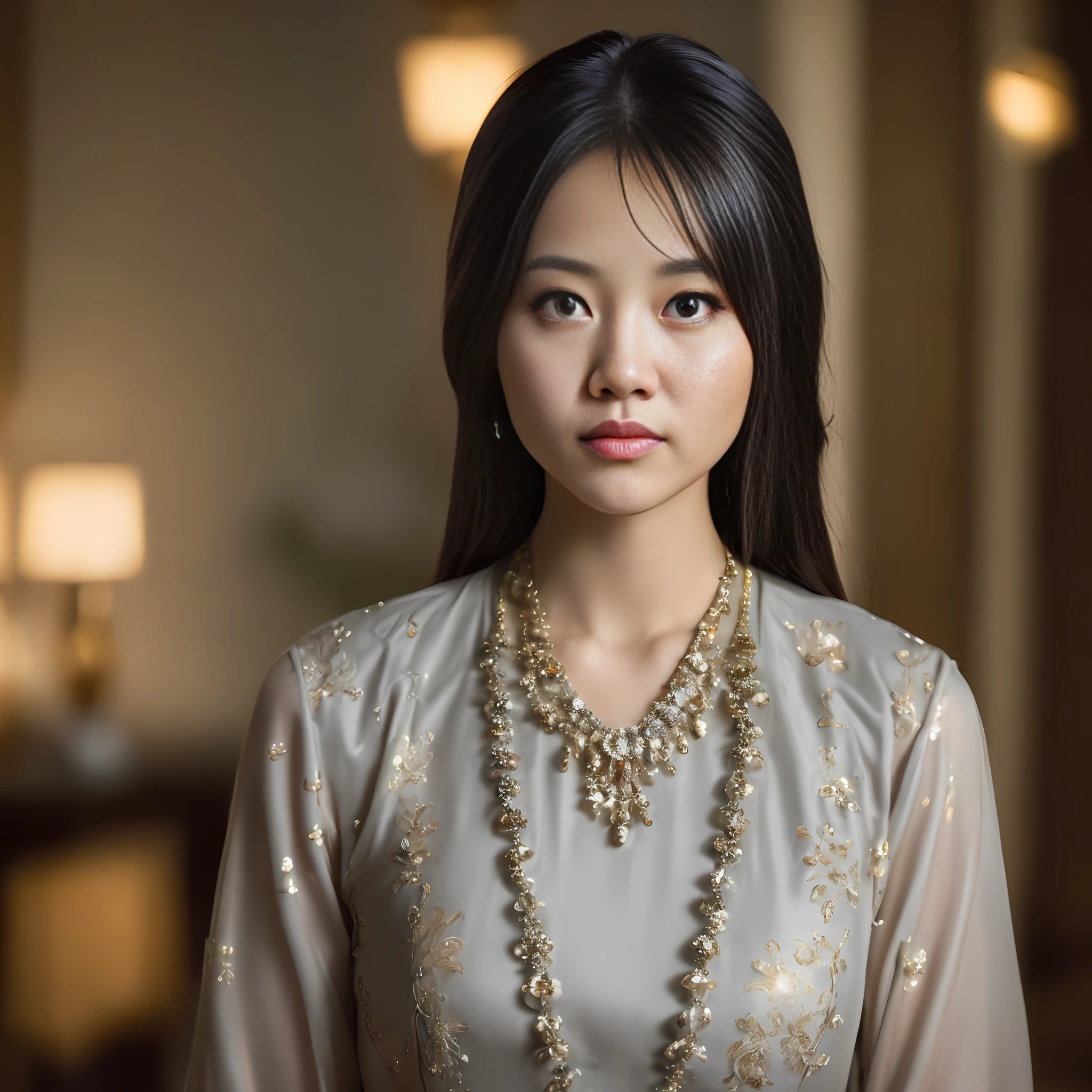 ,1girl, solo, chinese girl, realistic, photography, photorealistic, looking at viewer, blurry background, black hair, necklace, solo focus, long hair, china dress, indoor, living room, cinematic lighting, depth of field ，