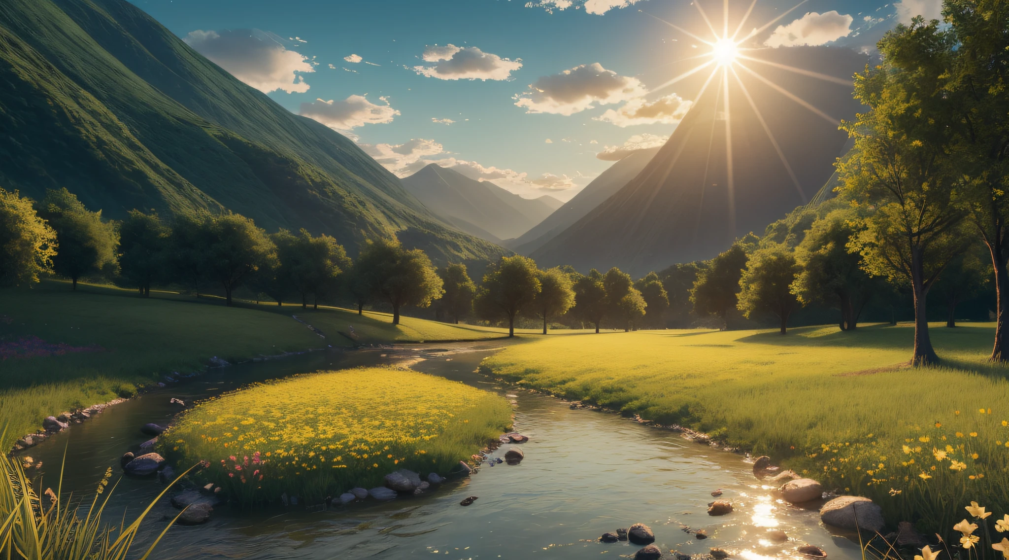 The sun fills the fields and flowers bloom, dotted with fluttering butterflies and cheerful birds. A clear stream flowing on the verdant meadows, surrounded by green mountains in the distance, is beautiful and peaceful, and it is delightful. Realistic, 8K UHD, Studio Quality, Ultra Realistic, Maximum Detail, Massive Scale, Post-Process, Photorealistic, Photoshop, Photography, Detailed, Cinematic Lighting, Landscape, Panorama, Landscape, Ray Tracing, Cinema4D
