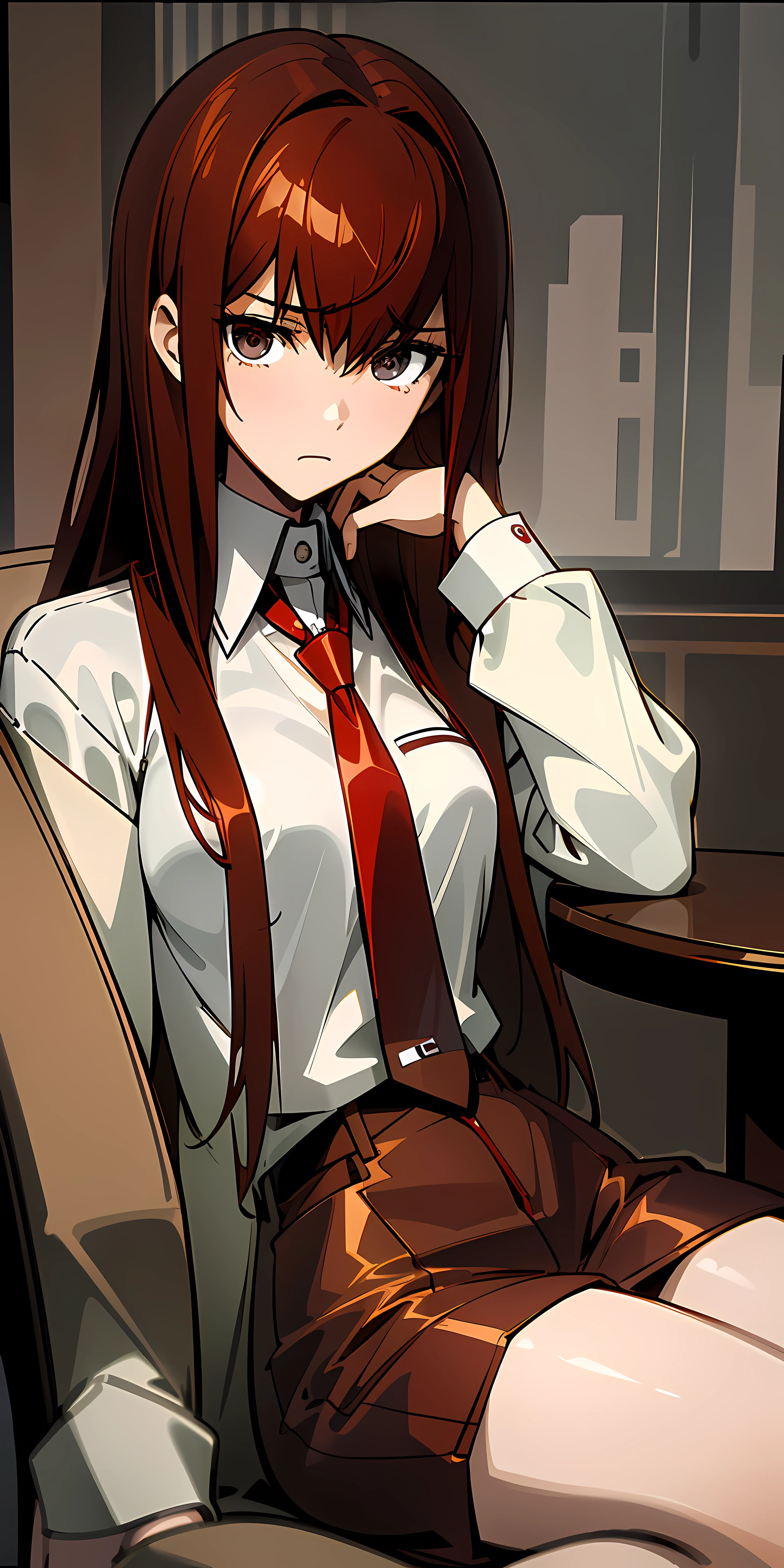 ((masterpiece,best quality,ultra detailed,8k)),brown_hair,collared_shirt,jacket,long_sleeves,makise_kurisu,sitting on a chair hand lay low, extremely dark room, red_necktie,solo,1girl,white_shirt,perfect face,red_hair, (sad:1.2),full body, (close_mouth)