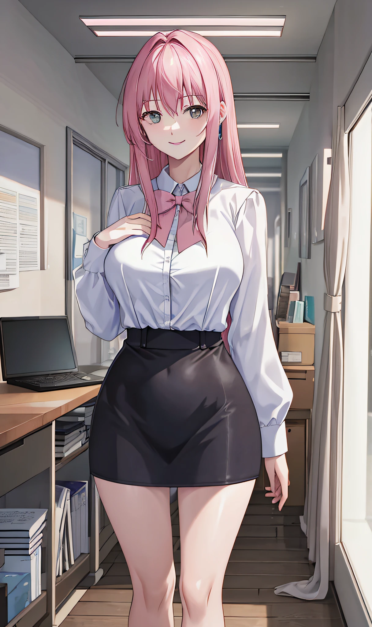 ((Masterpiece, Best Quality)), (1 person), (()), Pale Pink Hair, Hello, Horn, (OL)), Bangs, Medium, (Breast Augmentation), Slim, Smile, [Wide Hips], Office, Standing, There \ (Blue Archive)