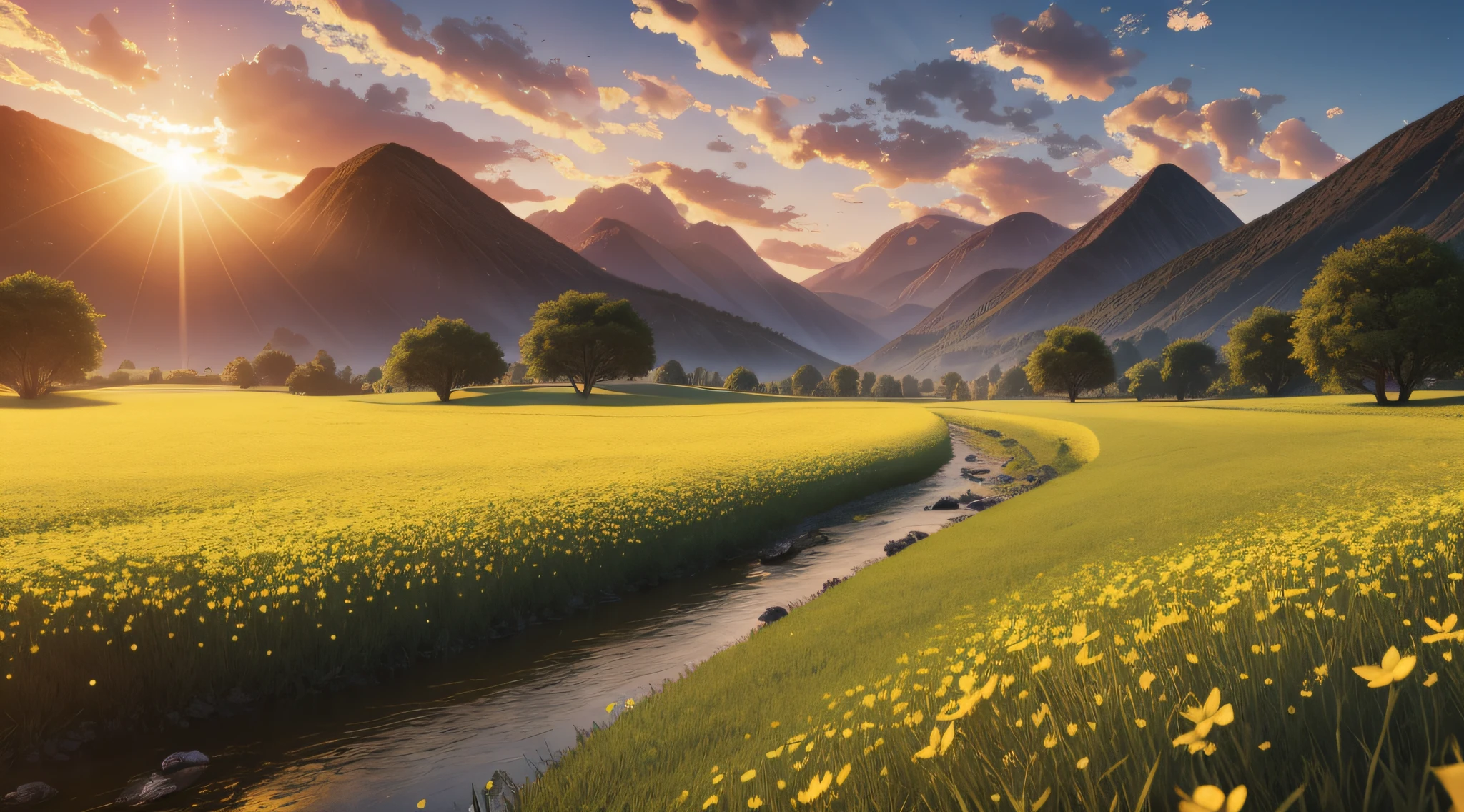 The sun fills the fields and flowers bloom, dotted with fluttering butterflies and cheerful birds. A clear stream flowing on the verdant meadows, surrounded by green mountains in the distance, is beautiful and peaceful, and it is delightful. Realistic, 8K UHD, Studio Quality, Ultra Realistic, Maximum Detail, Massive Scale, Post-Process, Photorealistic, Photoshop, Photography, Detailed, Cinematic Lighting, Landscape, Panorama, Landscape, Ray Tracing, Cinema4D