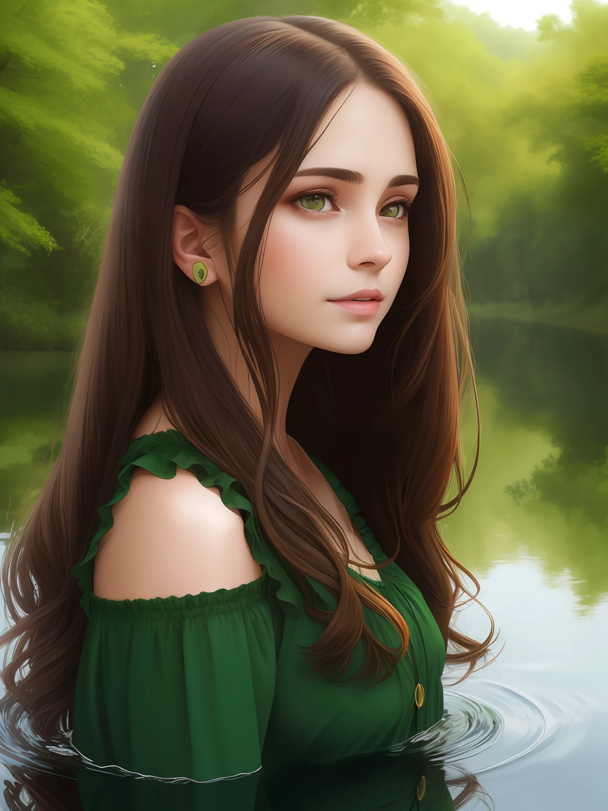 Long hair, brunette, big brown eyes, waist to head, water, reflection of face in water, wild trees, big ear, green dress, look of anguish, half smile, realistic image, cyber