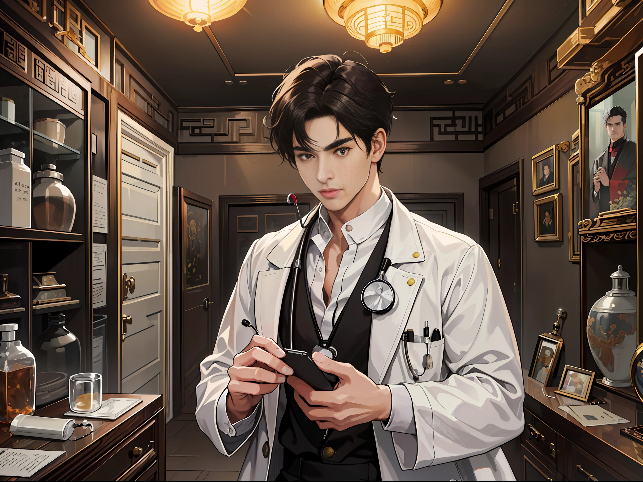 (ridiculous, high resolution, super detailed, realistic,), 1 male, soloist, 20 years old, syringe in hand, stethoscope around his neck, tall, extremely short hair, black hair, brown eyes, thick eyebrows, antique room, doctor, white robe, white coat, room, ancient Chinese decoration style building