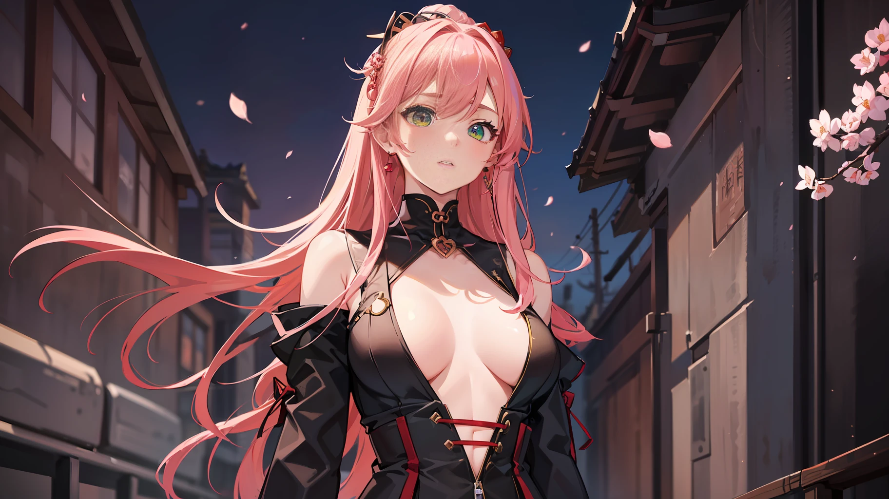 (Masterpiece, Excellent, 1girl, solo, complex details, color difference), realism, ((medium breath)), off-the-shoulders, big breasts, sexy, Yae Miko, long pink hair, red headdress, red highlight, hair above one eye, green eyes, earrings, sharp eyes, perfectly symmetrical figure, choker, neon shirt, open jacket, turtleneck sweater, against the wall, brick wall, graffiti, dim lighting, alley, looking at the audience, ((mean, seductive, charming)), ((cherry blossom background))),((Japanese temple background)))), (((Glow-in-the-dark background)))) ung girl, character sheet, concept art, full body, (masterpiece: 1.2), (best quality: 1.3), 1 girl, standing, punk