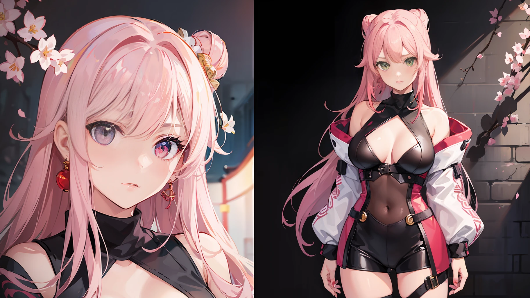(Masterpiece, Excellent, 1girl, solo, complex details, color difference), realism, ((medium breath)), off-the-shoulders, big breasts, sexy, Yae Miko, long pink hair, red headdress, red highlight, hair above one eye, green eyes, earrings, sharp eyes, perfectly symmetrical figure, choker, neon shirt, open jacket, turtleneck sweater, against the wall, brick wall, graffiti, dim lighting, alley, looking at the audience, ((mean, seductive, charming)), ((cherry blossom background))),((Japanese temple background)))), (((Glow-in-the-dark background)))) ung girl, character sheet, concept art, full body, (masterpiece: 1.2), (best quality: 1.3), 1 girl, standing, punk
