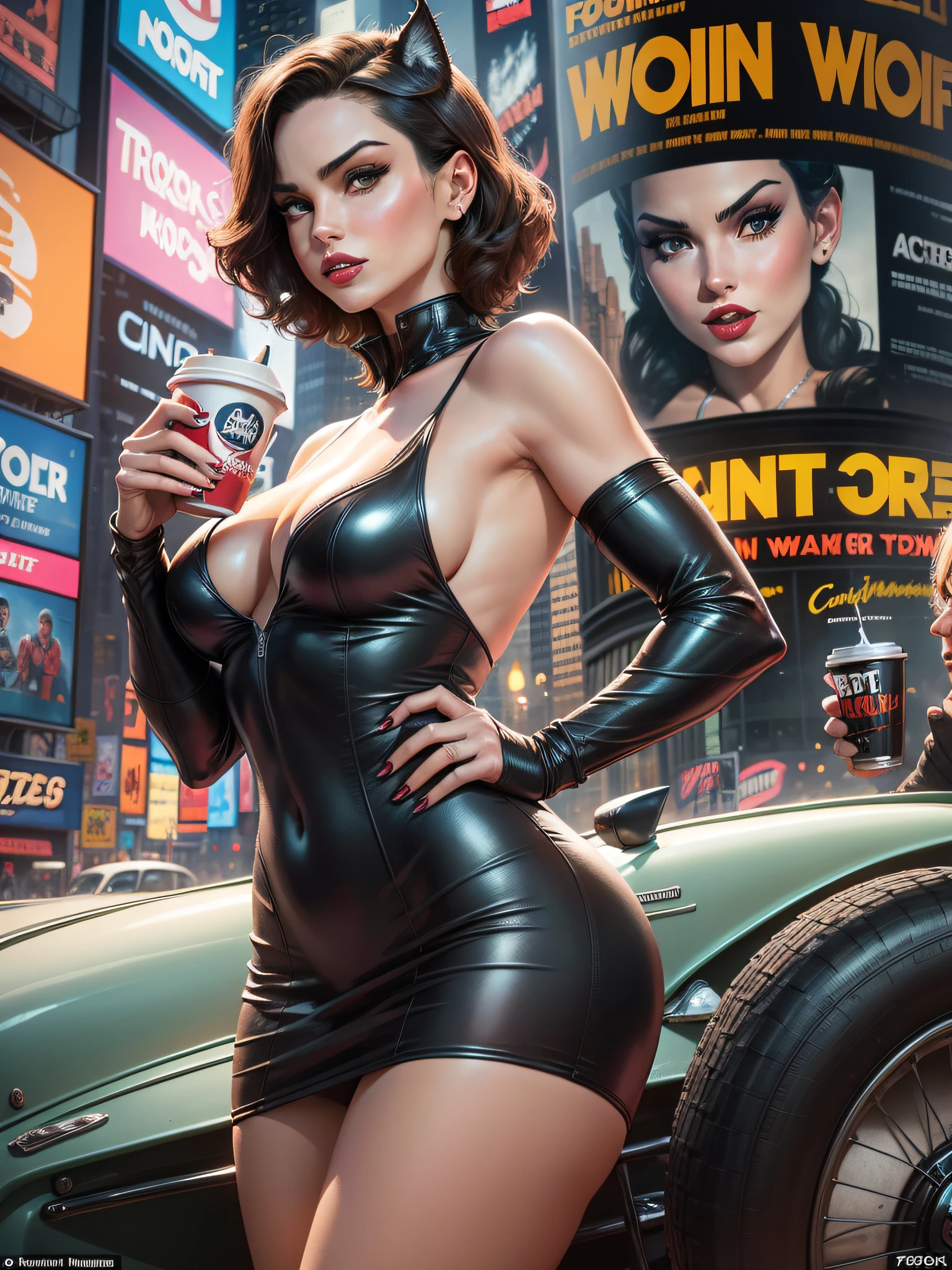 Sports magazine cover, text headlines, a stunning scene of Catwoman and a werewolf drinking coffee and behind them a 1930s car with headlights on Times Square