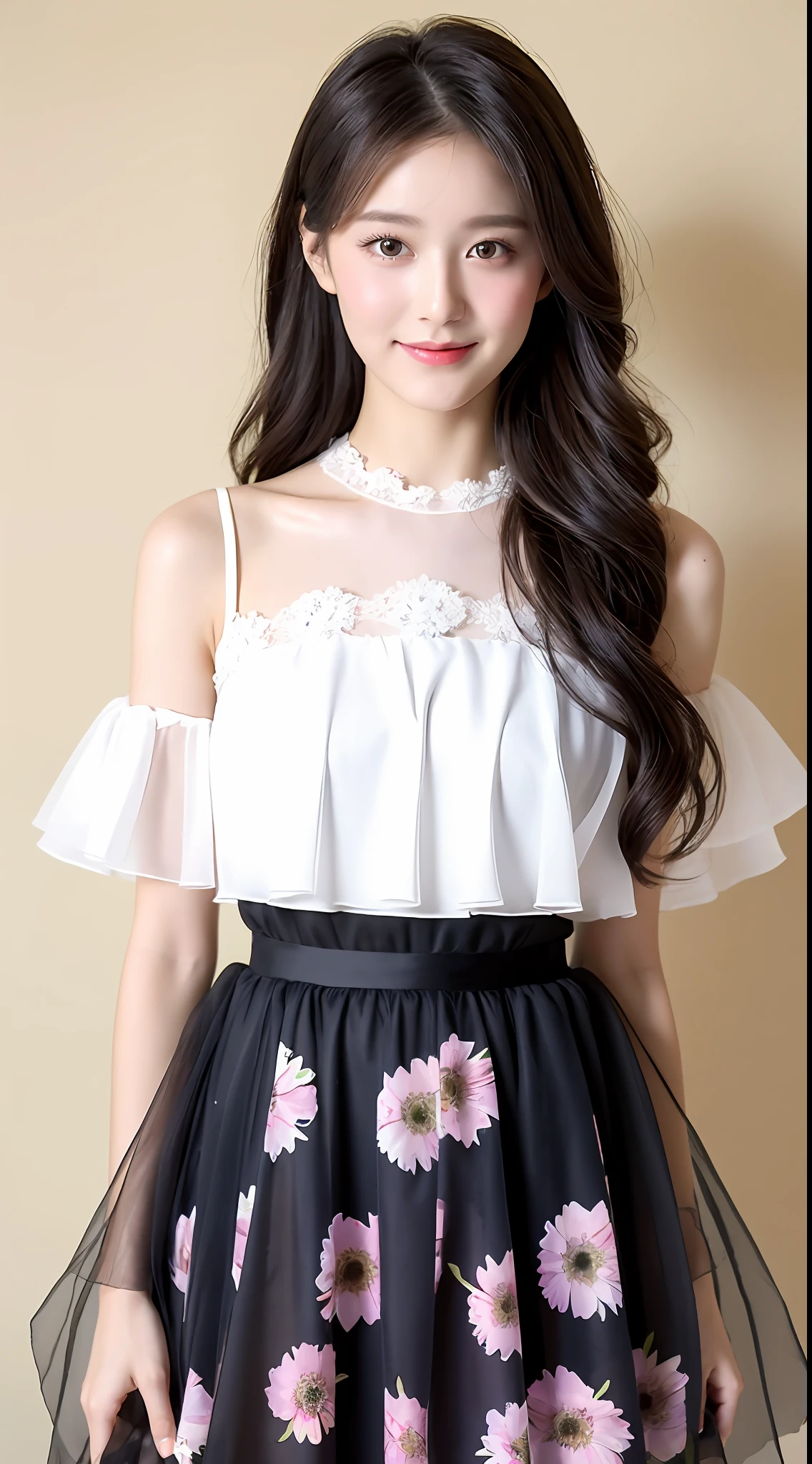 Cute girl, delicate face, long black hair, slightly curly hair, fashionable outfit without revealing, light yellow chiffon tulle short shirt, white short skirt, purple tulle scarf, flowing little daisy print, cute and delicate face, smile, hand bouquet, light pink rose, delicate facial features, HD, flower wall background, highest quality CG
