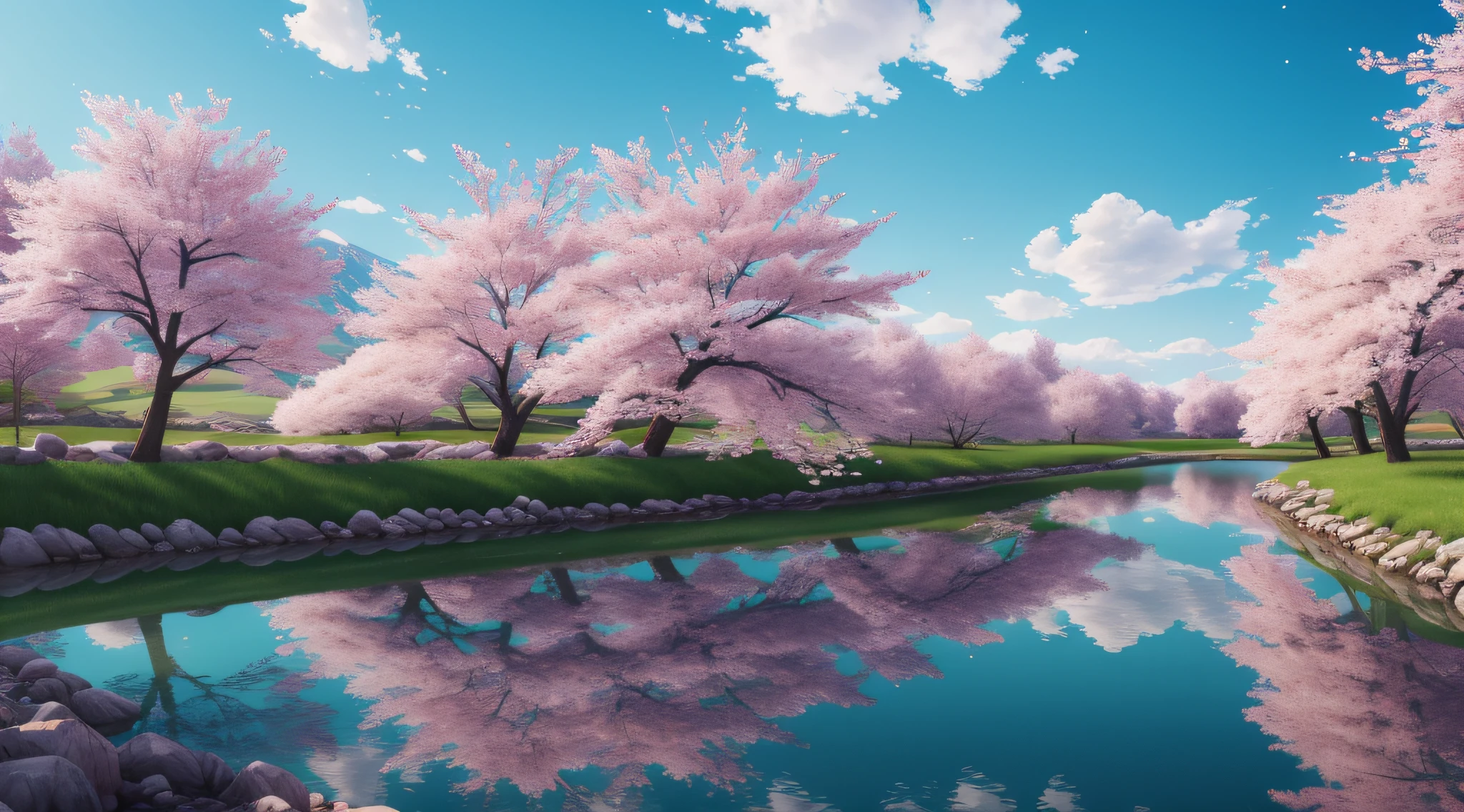 The pink cherry blossom trees sway gently in the breeze, sprinkling pink petals, which is intoxicating. The blue sky and white clouds reflect the turquoise meadows, and the small river is crystal clear and flows with the breath of life, which makes people can't help but be immersed in this beautiful spring scenery. Realistic, 8K UHD, Studio Quality, Ultra Realistic, Maximum Detail, Massive Scale, Post-Process, Photorealistic, Photoshop, Photography, Detailed, Cinematic Lighting, Landscape, Panorama, Landscape, Ray Tracing, Cinema4D
