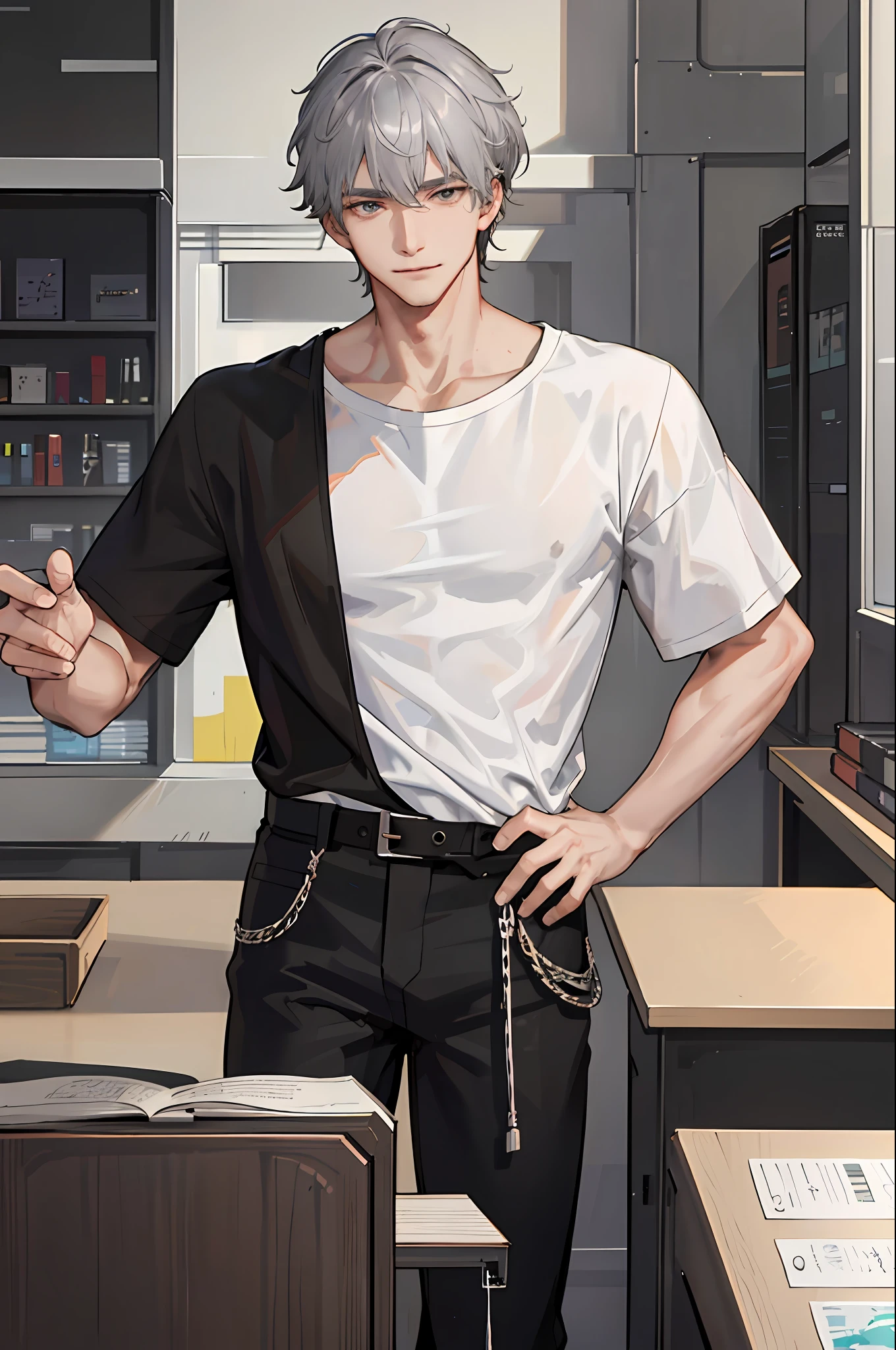 1boy, [detailed background (campus, college, library)], gray hair, dark gray hair, short grey hair, korean hairstyle, lean and muscular male, alpha male, masculine male, ((man wears a white loose t-shirt, tucked in t-shirt, black trousers)), correct limbs, correct anatomy, handsome, Eye details, beautiful eyes, delicate eyes, grey eyes, broad chest, broad shoulders, tiny waist, long legs, smirking