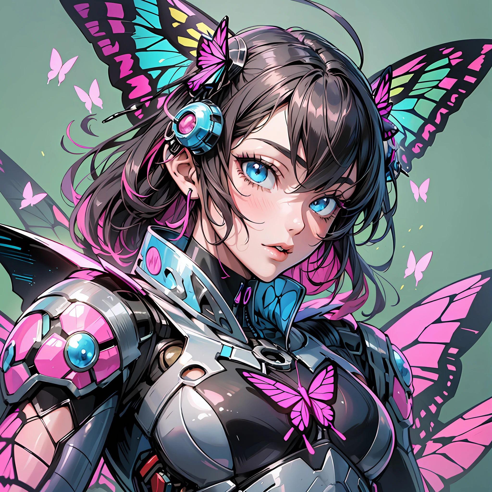 Close up portrait of woman in pink swallowtail butterfly color costume, best anime 4K wallpaper, cyberpunk butterfly, mechanized Valkyrie girl, biomechanical, human structure bee concept art, highly detailed Artgerm based on butterfly, cyborg man butterfly, anime style 4K, insect trainer girl, butterfly,