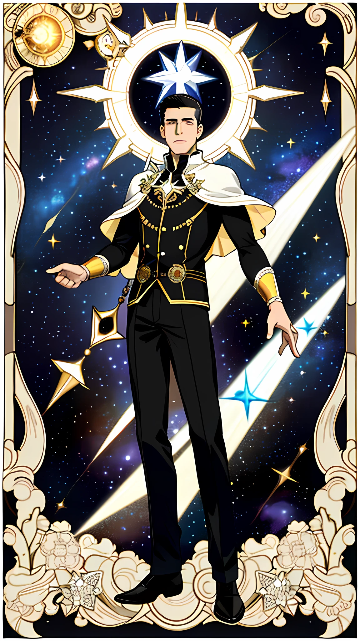masterpiece, best quality, full body, card, 1 man, eclipse, space, galaxy, short hair, black hair, brush cut, standing, black and white, sun, moon, white, buzz cut, bara, muscle, god, divine, cape, halo, center, best pose, etherious, crystal,man, power, magic, hand using magic, golden, royal