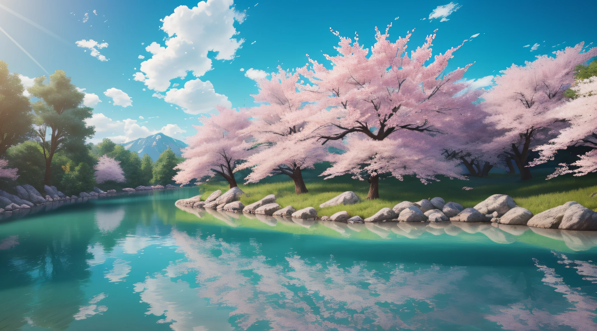 The pink cherry blossom trees sway gently in the breeze, sprinkling pink petals, which is intoxicating. The blue sky and white clouds reflect the turquoise meadows, and the small river is crystal clear and flows with the breath of life, which makes people can't help but be immersed in this beautiful spring scenery. Realistic, 8K UHD, Studio Quality, Ultra Realistic, Maximum Detail, Massive Scale, Post-Process, Photorealistic, Photoshop, Photography, Detailed, Cinematic Lighting, Landscape, Panorama, Landscape, Ray Tracing, Cinema4D