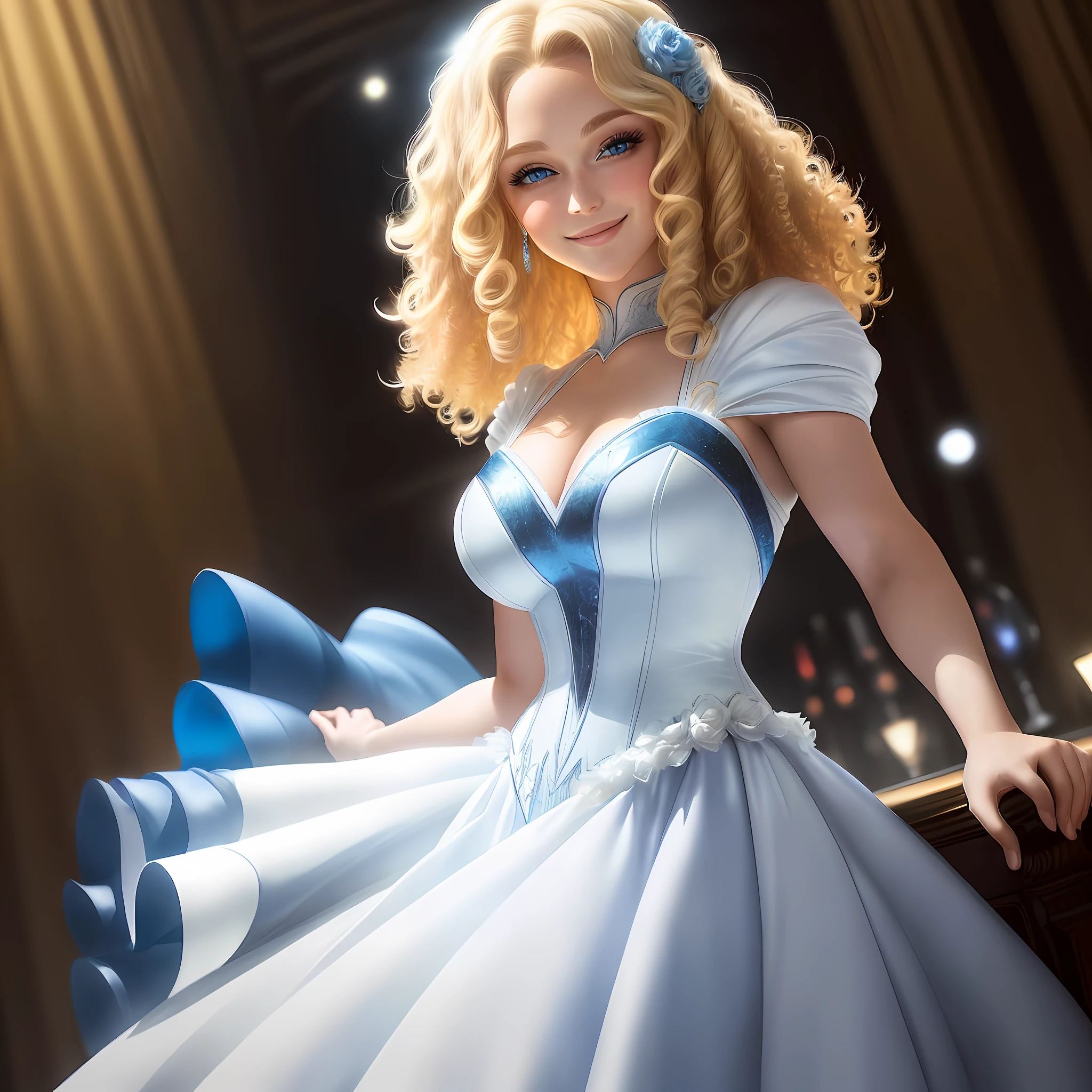 (dramatic illumination, dynamic angle, intense color contrast), (a young woman with blonde curly hair and blue eyes, wearing a white knee-length couture dress, posing and smiling broadly, ready for her close-up), (in club)