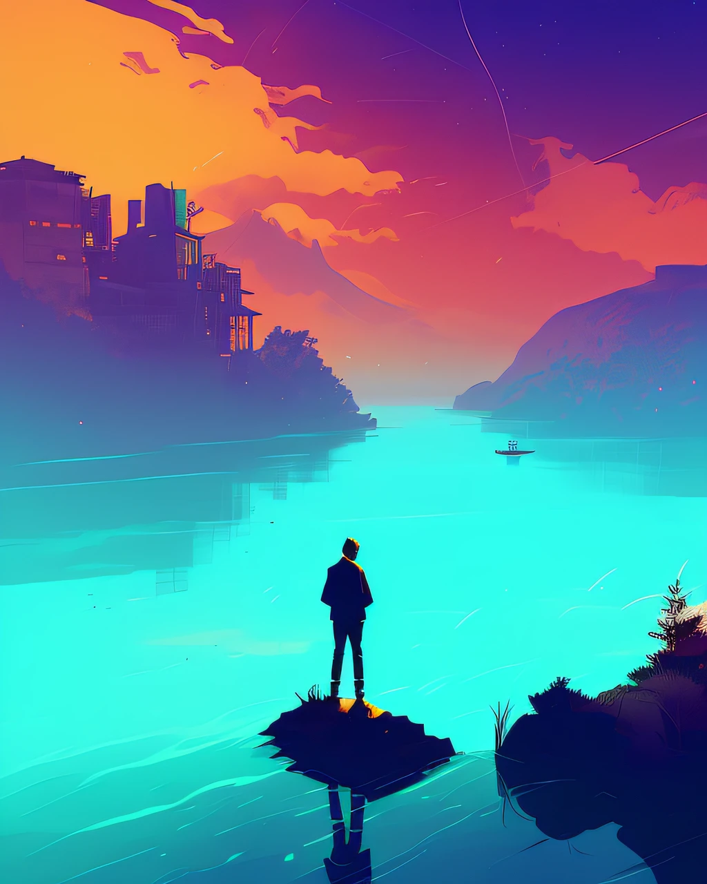 there is a man standing on a boat in the water, makoto shinkai cyril rolando, floating among stars, cyril rolando and m.w kaluta, cyril rolando and m. w kaluta, inspired by Cyril Rolando, inspired by Jakub Schikaneder, calm night. digital illustration, in style of cyril rolando, background artwork