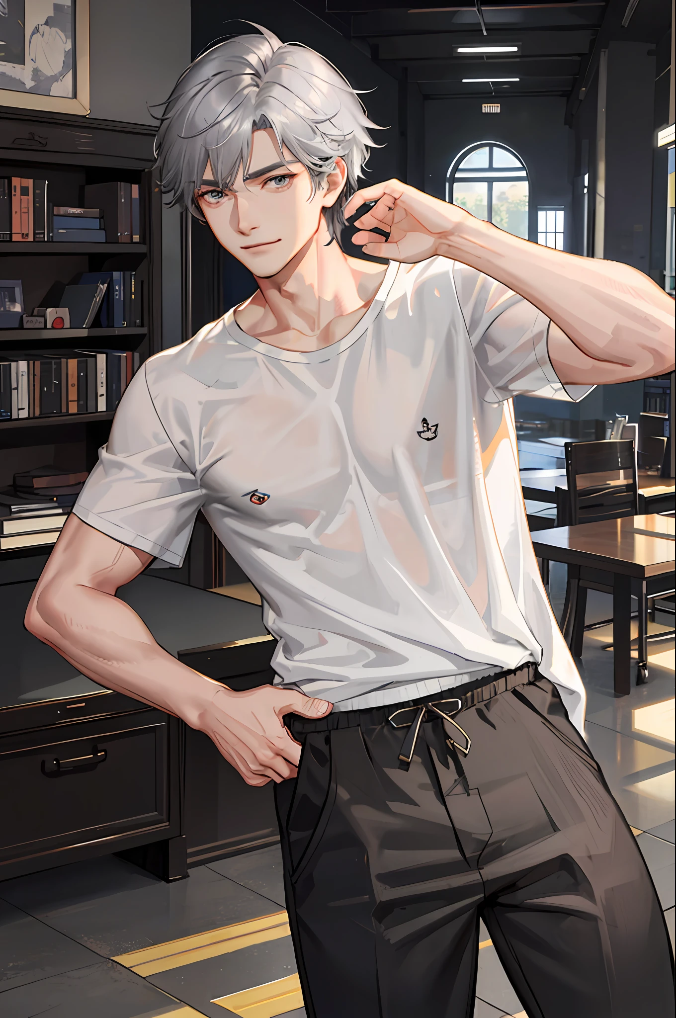 1boy, [detailed background (campus, college, library)], gray hair, dark gray hair, short grey hair, korean hairstyle, lean and muscular male, alpha male, masculine male, ((man wears a white loose t-shirt, tucked in t-shirt, black trousers)), correct limbs, correct anatomy, handsome, Eye details, beautiful eyes, delicate eyes, grey eyes, broad chest, broad shoulders, tiny waist, long legs, smirking