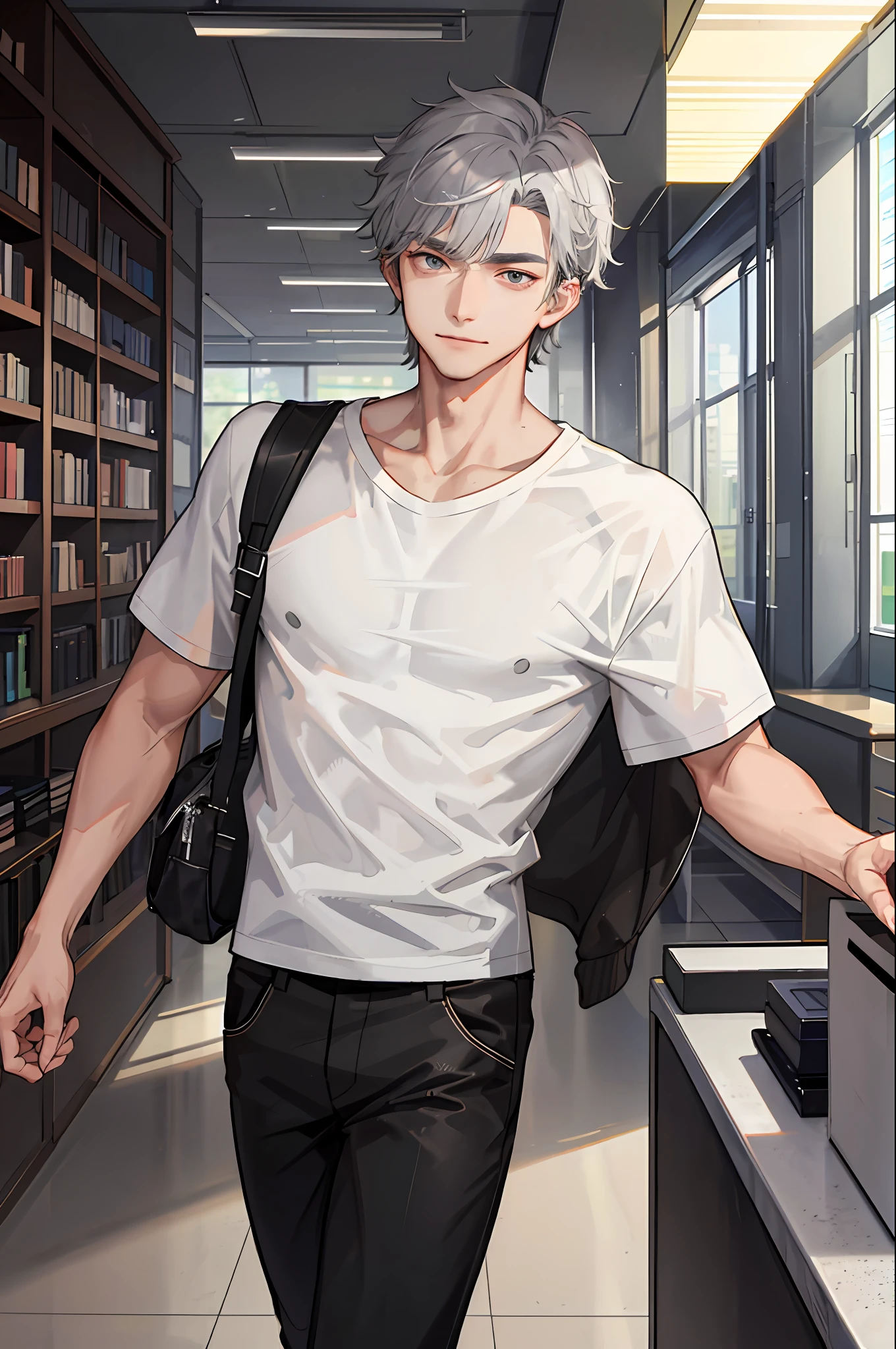 1boy, [detailed background (campus, college, library)], gray hair, dark gray hair, short grey hair, korean hairstyle, lean and muscular male, alpha male, masculine male, ((man wears a white loose t-shirt, tucked in t-shirt, black trousers)), correct limbs, correct anatomy, handsome, Eye details, beautiful eyes, delicate eyes, grey eyes, broad chest, broad shoulders, tiny waist, long legs, smirking