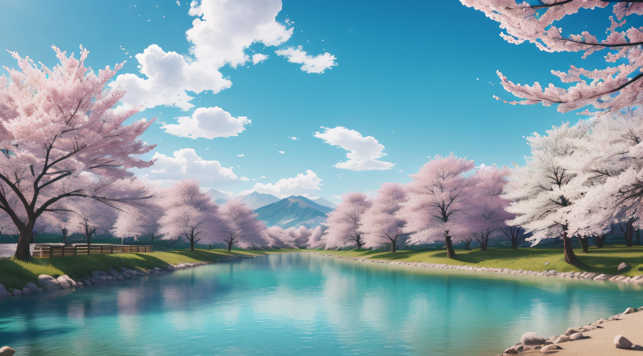 The pink cherry blossom trees sway gently in the breeze, sprinkling pink petals, which is intoxicating. The blue sky and white clouds reflect the turquoise meadows, and the small river is crystal clear and flows with the breath of life, which makes people can't help but be immersed in this beautiful spring scenery. Realistic, 8K UHD, Studio Quality, Ultra Realistic, Maximum Detail, Massive Scale, Post-Process, Photorealistic, Photoshop, Photography, Detailed, Cinematic Lighting, Landscape, Panorama, Landscape, Ray Tracing, Cinema4D