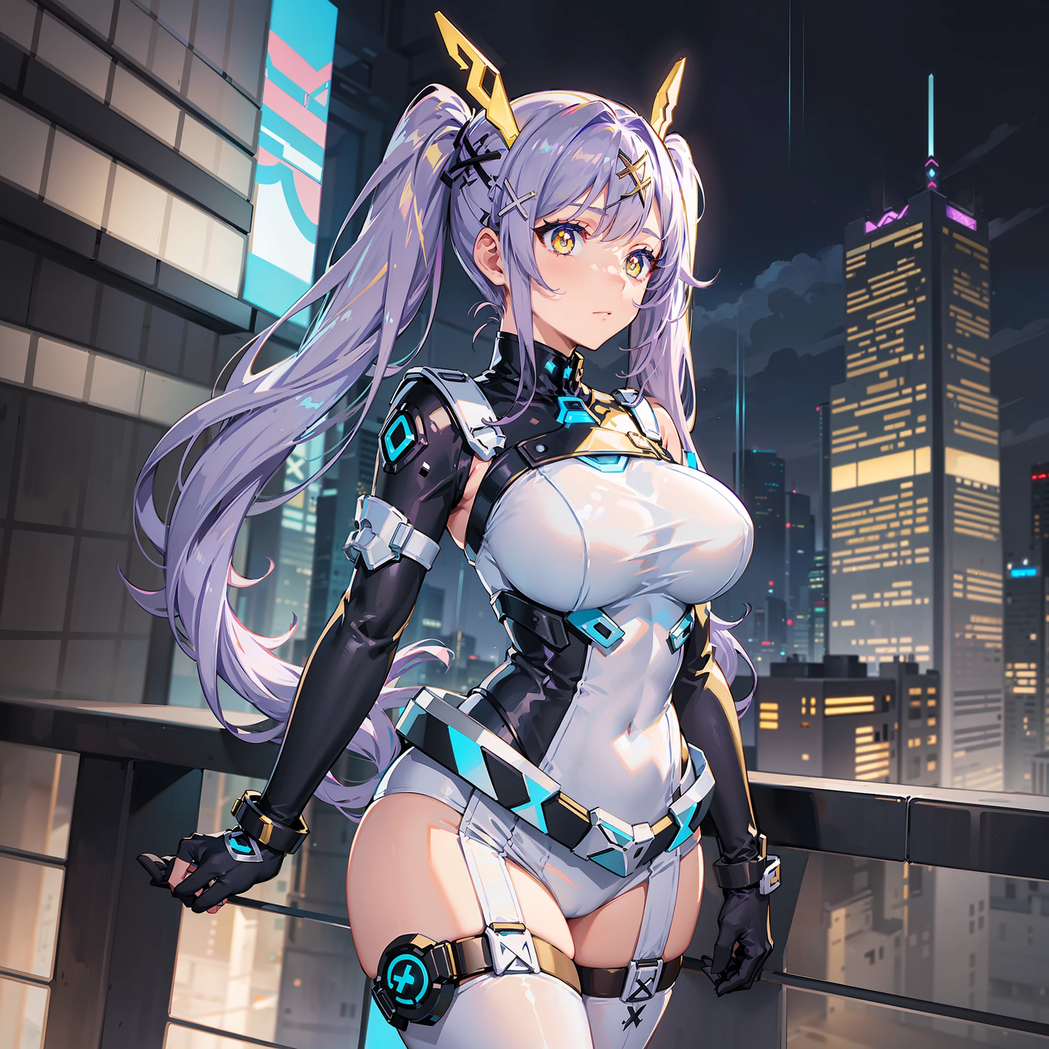 single girl,alone,19 years old,well_developed curves,curvaceous_body,hourglass_figure,perspective,beautiful_face,high_quality_outfits,futuristic_outfits,silght_blush,full_body,sexy,full detail face;
(Violet hair:1.4),indigo hair tips,violet (helix-shaped twintails:1.35),two fin-shaped white hairclips;(golden eyes:1.5),(x-shaped white hilted pupils:1.4),golden holographic one-piece goggle eyeglasses on eyes;
Futuristic battlesuit,fitting body curves,white armored shoulder guards,black long slender sleeves,white armored gauntlets with violet decorations,black gloves,white tanktop around breasts,black armored corset,aqua zipper,white waistband with four gadget holsters,an aqua stripe framing breast,white trimmed armor skirts with aqua decorations,white and aqua-edged armor tassets,white shorts with aqua edge,black shorts,white pantyhose reaching hips,white body stockings,one aqua gartener belt,silver waistband with gadget holsters;silver mechanic boots,heeled boots;
White mechanic backpack on back;
Rainy weather,night,stormy sky in background,rainy weather,floating in air,overlooking city from midair,calm expression,vigilat gaze,stretching hands