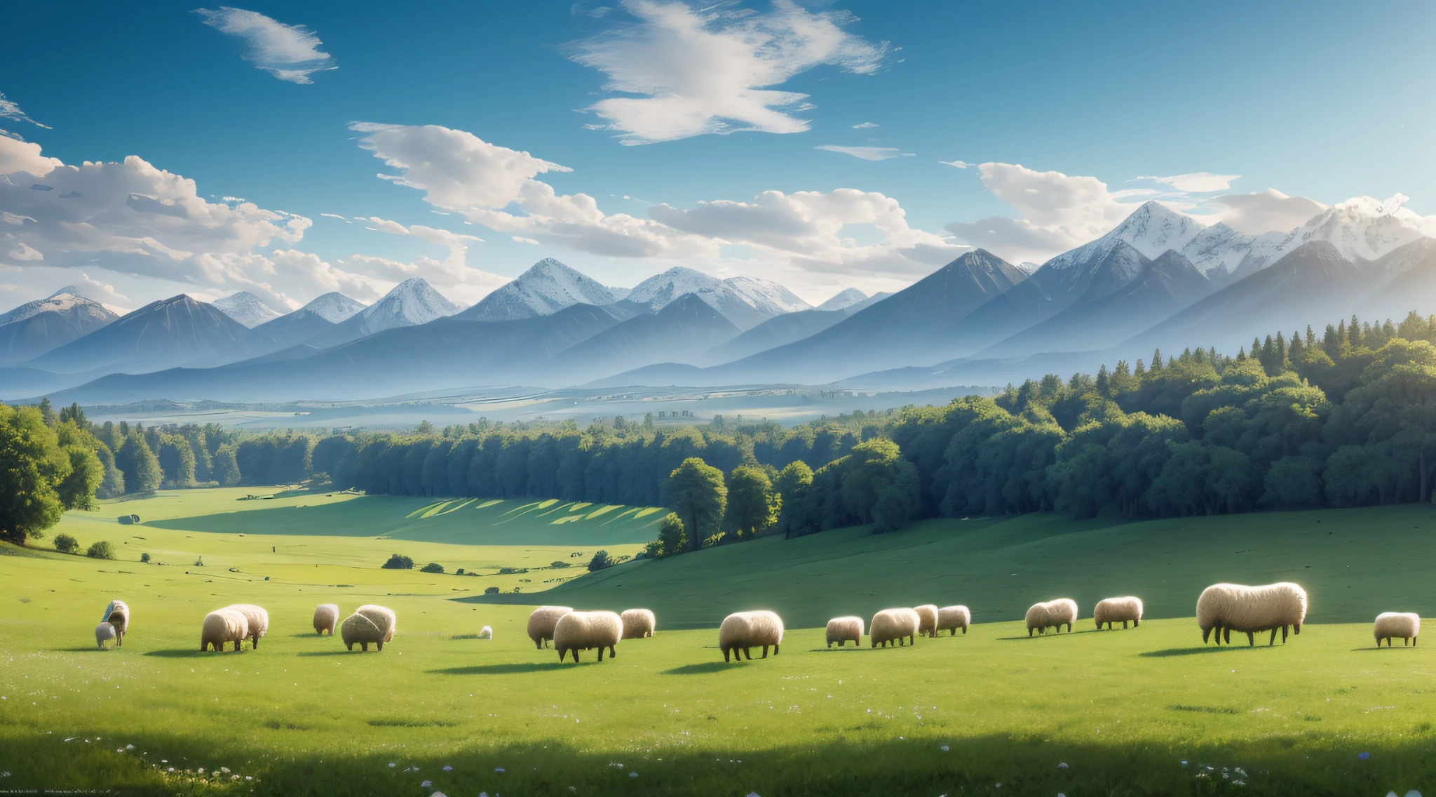 The endless green grasslands stretch into the distance, the sky is blue, the white clouds are leisurely, and the mountains are verdant in the distance. A flock of white sheep leisurely grazes on the grass, and the sun shines on them, which is pleasant. The view is intoxicating, as if you can smell the aroma of herbs and fresh air. Realistic, 8K UHD, Studio Quality, Ultra Realistic, Maximum Detail, Massive Scale, Post-Process, Photorealistic, Photoshop, Photography, Detailed, Cinematic Lighting, Landscape, Panorama, Landscape, Ray Tracing, Cinema4D