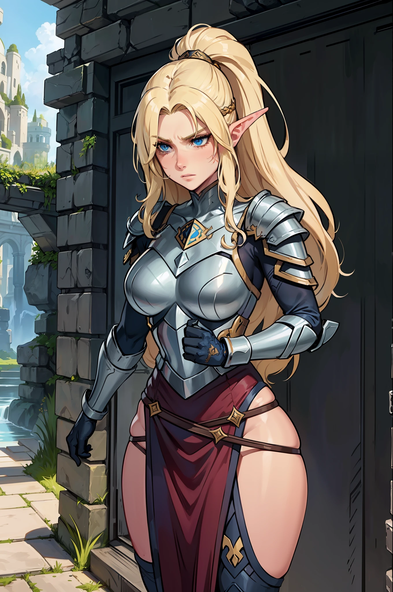 The protagonist is a female warrior with long blonde hair that flows down to her waist, adding an air of majesty to her appearance. His eyes, a deep and bright blue, convey (determination) and (courage) unwavering. A remarkable scar adorns his nose, showing the challenges faced in past battles. His ears, with delicate tips, indicate his elven lineage, giving him a touch of (magic) and (mystery).
The warrior is dressed in full armor, made of a shiny, sturdy metal that protects every part of her body. The armor is (in detail crafted), with intricate designs adorning the chest, shoulders, and knee pads. A fluttering reddish-gold cape, strapped to her shoulder, adds an elegant and imposing touch to her figure.
The warrior is positioned in an intrepid fighting pose, deftly wielding an imposing sword in her hand. The blade is polished and shiny, with (striking engravings) telling stories of past victories. Her fists are clenched with (determination), ready to face any opponent bold enough to challenge her.
The image conveys a feeling of (heroism), (strength) and (graciousness). The meticulous details and attention to the character's anatomy and armor crafting elevate the image to a level of visual (perfection).