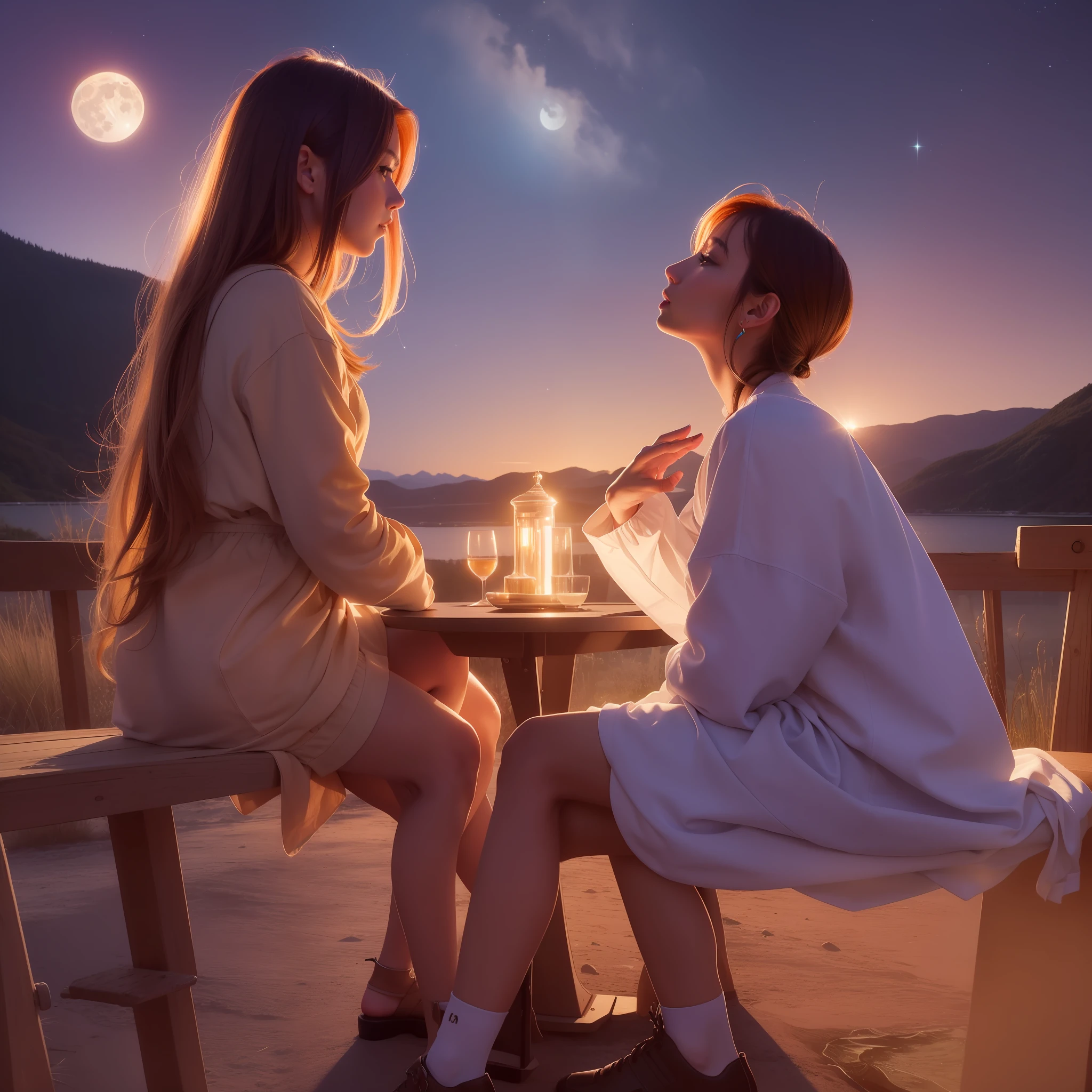 A young couple, sitting on a bridge looking up at the stars (Full Moon: 1.2), (Meteor: 0.9), (Nebula: 1.3), distant mountains, trees BREAK Making Art, (Warm Light Source: 1.2), (Firefly: 1.2), lamps, lots of purple and orange, intricate details, volumetric lighting BREAK (Masterpiece: 1.2), (Best Quality), 4K, Ultra Detailed, (Dynamic Composition: 1.4), Detailed, Colorful, (Iridescent: 1.2), (Glow, Atmospheric Lighting), Dreamy, Fantastic, (Solo: 1.2)