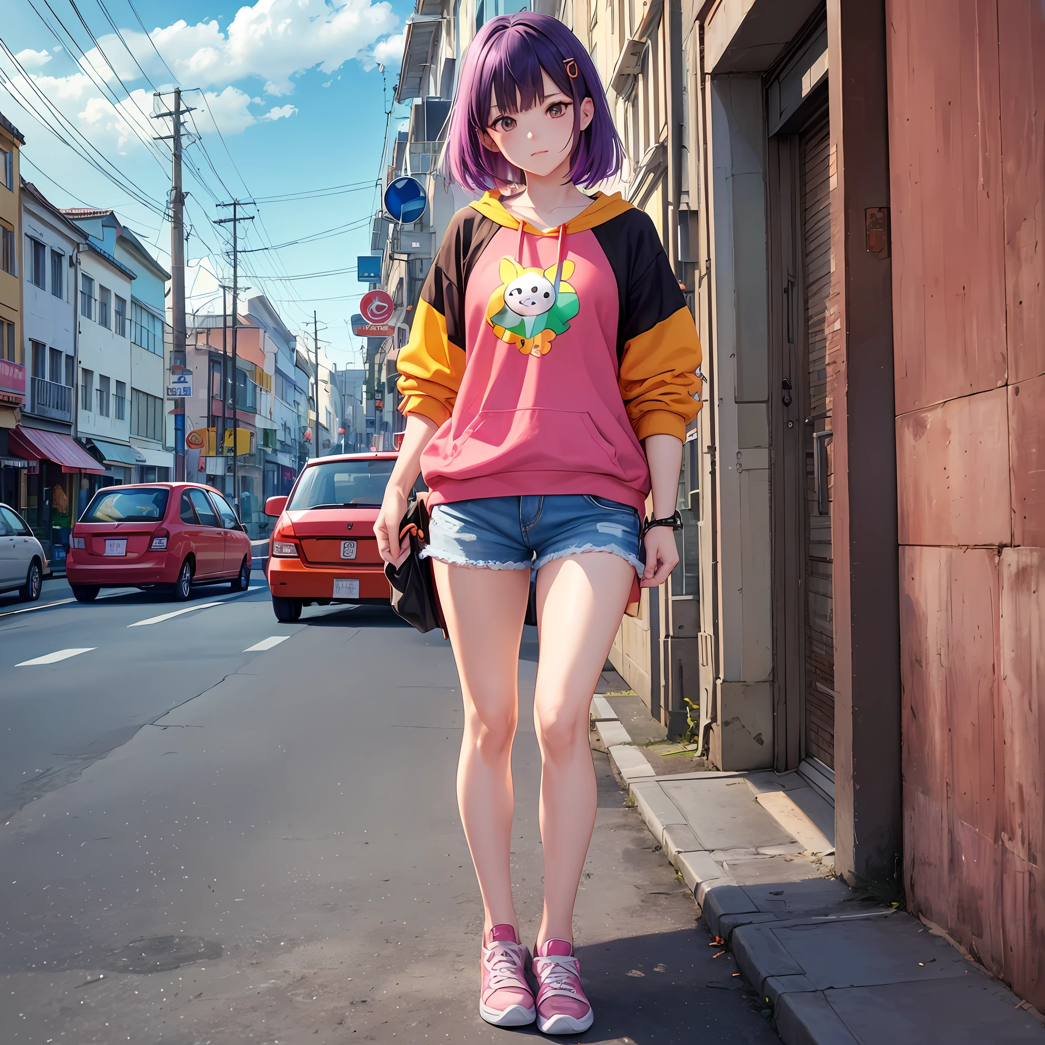 ((background red:1.2, orange:1.1, yellow:1.1, green:1.1, blue:1.1, purple:1.1, pink:1.1), best quality, ultra-detailed),Create an anime girl wearing a white sweatshirt patterned with rabbit, wearing white sneakers and black jean shorts, looking at the camera, natural color hair, background with light leak colorful" --auto --s2