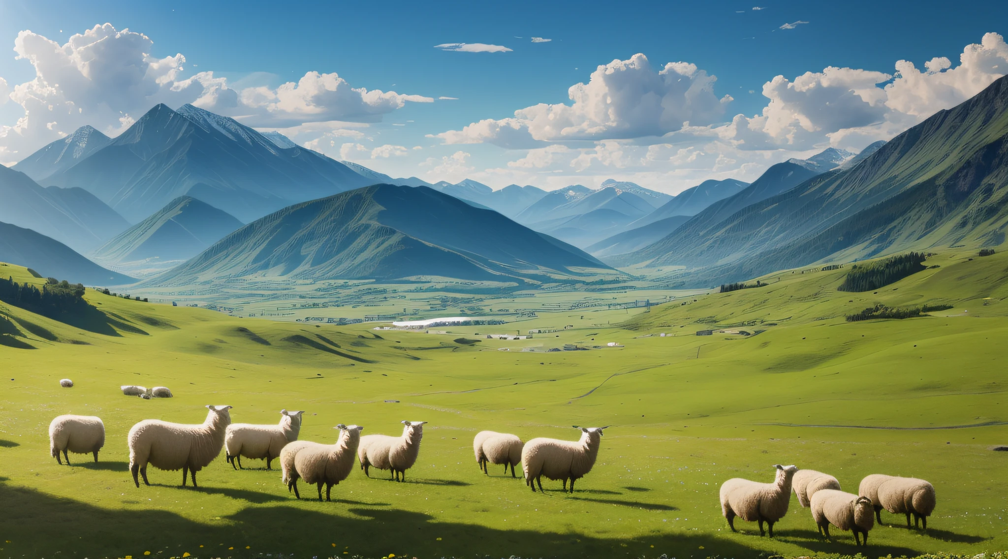 The endless green grasslands stretch into the distance, the sky is blue, the white clouds are leisurely, and the mountains are verdant in the distance. A flock of white sheep leisurely grazes on the grass, and the sun shines on them, which is pleasant. The view is intoxicating, as if you can smell the aroma of herbs and fresh air. Realistic, 8K UHD, Studio Quality, Ultra Realistic, Maximum Detail, Massive Scale, Post-Process, Photorealistic, Photoshop, Photography, Detailed, Cinematic Lighting, Landscape, Panorama, Landscape, Ray Tracing, Cinema4D