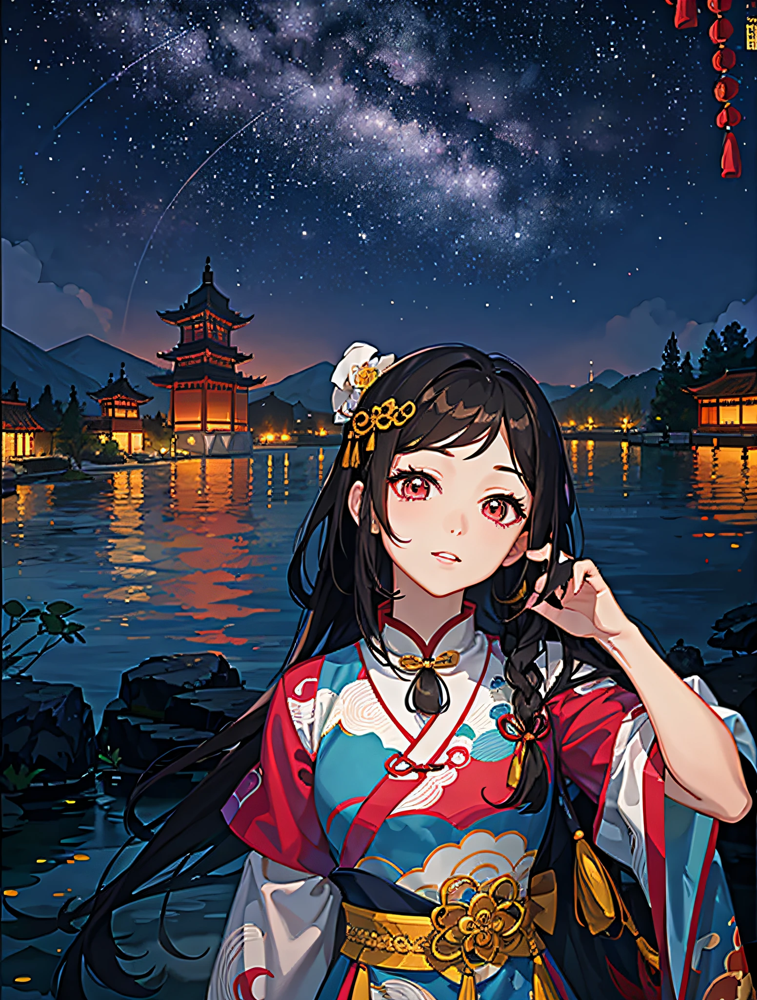 arafed woman in a colorful dress standing by a lake at night, chinese girl, chinese woman, ☁🌪🌙👩🏾, traditional chinese, chinese style, inspired by Luo Mu, inspired by Lü Ji, palace , a girl in hanfu, with acient chinese clothes, at nighttime, xintong chen, very very low quality picture