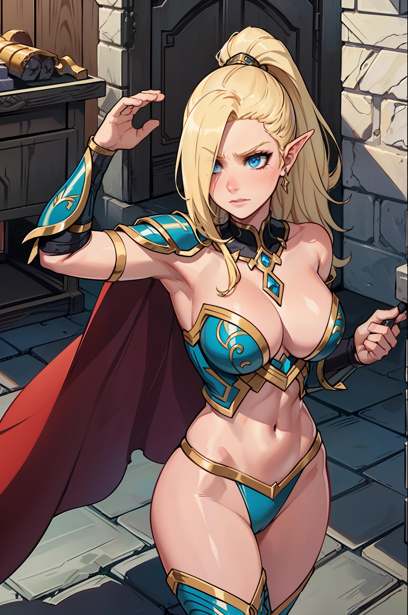 The protagonist is a female warrior with long blonde hair that flows down to her waist, adding an air of majesty to her appearance. His eyes, a deep and bright blue, convey (determination) and (courage) unwavering. A remarkable scar adorns his nose, showing the challenges faced in past battles. His ears, with delicate tips, indicate his elven lineage, giving him a touch of (magic) and (mystery).
The warrior is dressed in full armor, made of a shiny, sturdy metal that protects every part of her body. The armor is (in detail crafted), with intricate designs adorning the chest, shoulders, and knee pads. A fluttering reddish-gold cape, strapped to her shoulder, adds an elegant and imposing touch to her figure.
The warrior is positioned in an intrepid fighting pose, deftly wielding an imposing sword in her hand. The blade is polished and shiny, with (striking engravings) telling stories of past victories. Her fists are clenched with (determination), ready to face any opponent bold enough to challenge her.
The image conveys a feeling of (heroism), (strength) and (graciousness). The meticulous details and attention to the character's anatomy and armor crafting elevate the image to a level of visual (perfection).