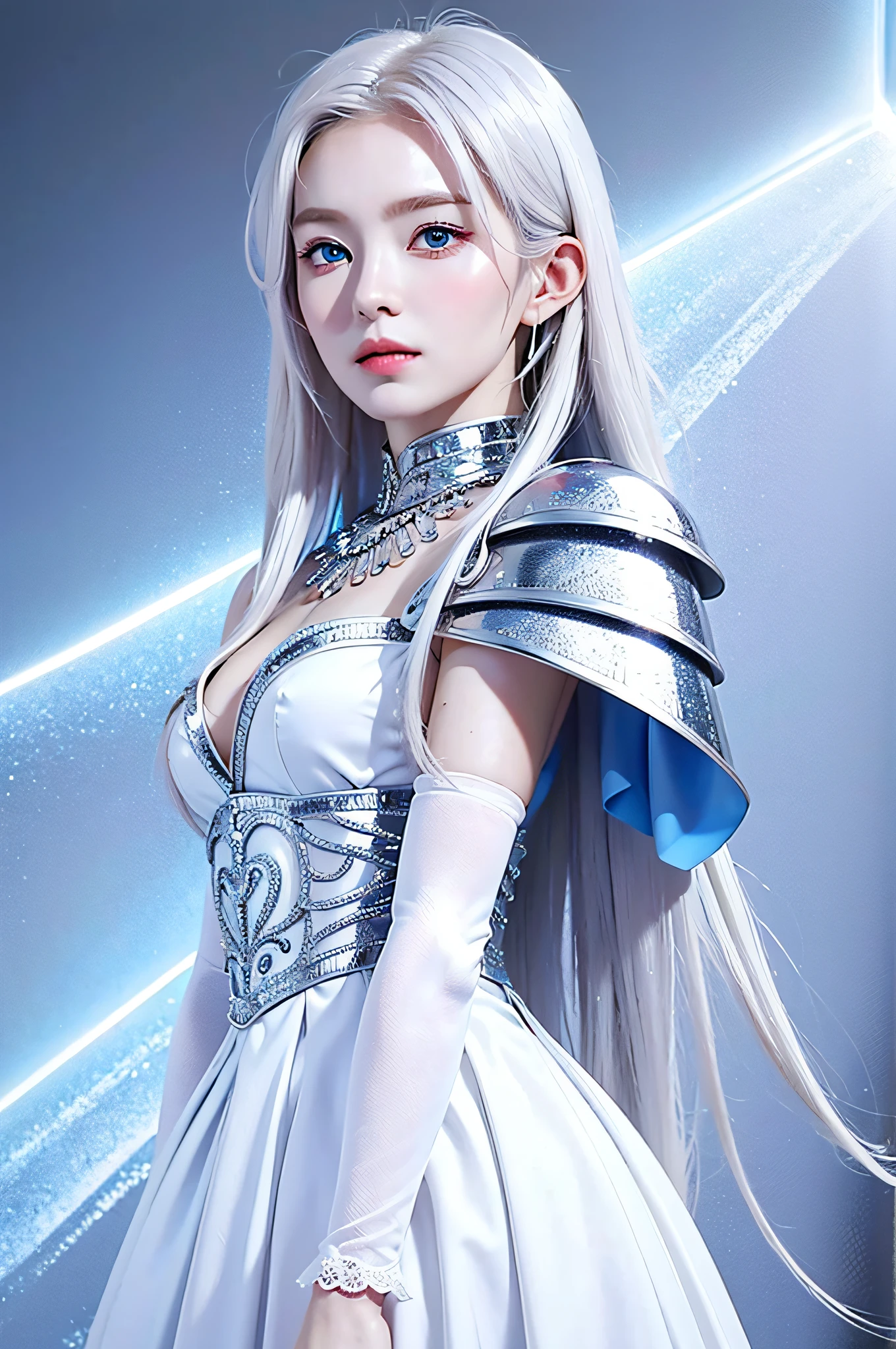 Silver white hair, using ice magic, silver blue armor, blue eyes, ice wings, maiden, ice background