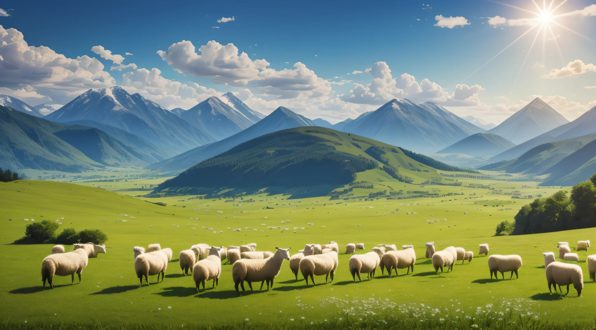 The endless green grasslands stretch into the distance, the sky is blue, the white clouds are leisurely, and the mountains are verdant in the distance. A flock of white sheep leisurely grazes on the grass, and the sun shines on them, which is pleasant. The view is intoxicating, as if you can smell the aroma of herbs and fresh air. Realistic, 8K UHD, Studio Quality, Ultra Realistic, Maximum Detail, Massive Scale, Post-Process, Photorealistic, Photoshop, Photography, Detailed, Cinematic Lighting, Landscape, Panorama, Landscape, Ray Tracing, Cinema4D