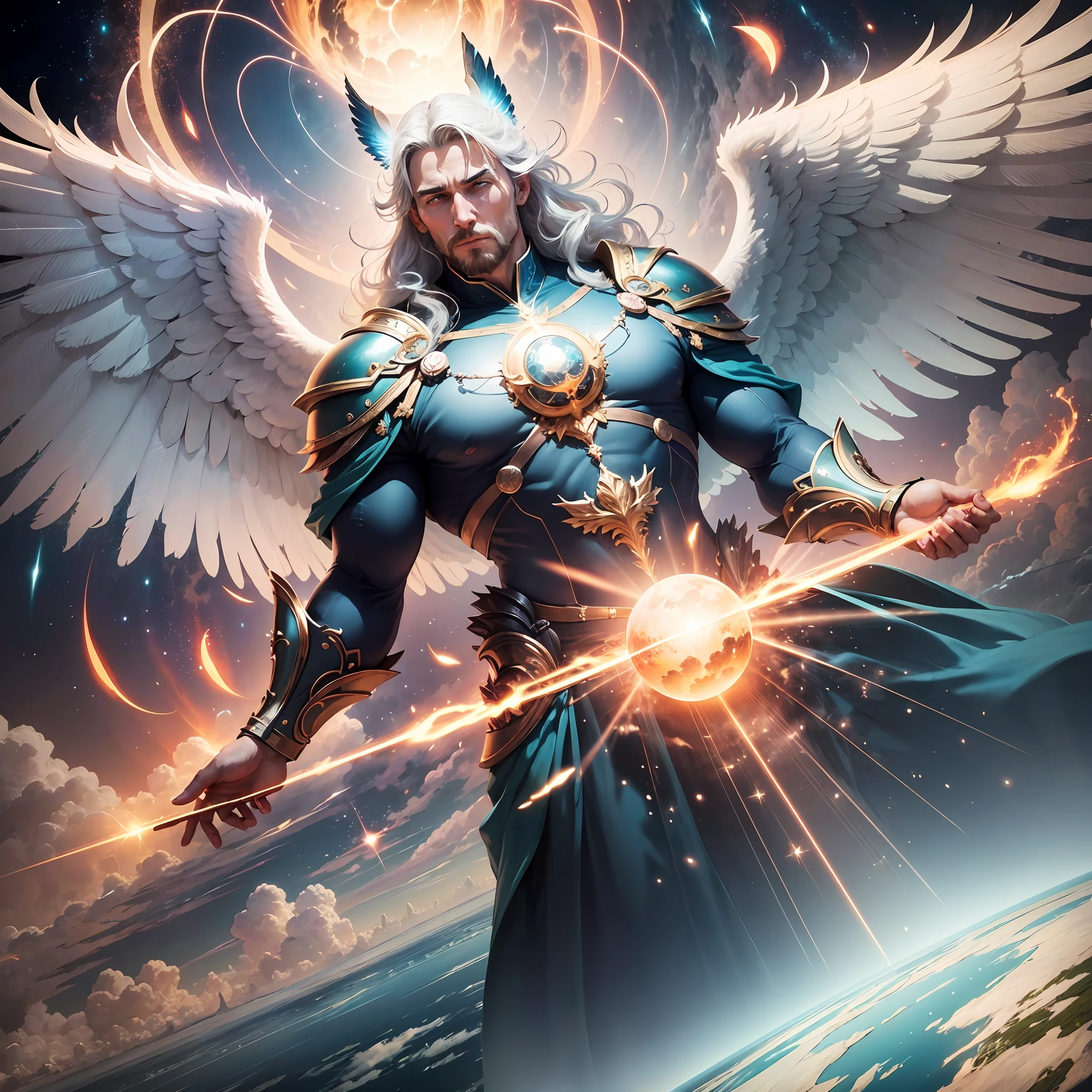 A person in awe as he beholds a colossal man angel hovering over the earth. The majestic wings of the angel extend widely, casting a divine glow over the planet earth below. His presence exudes a sense of serenity and protection, captivating the viewer's attention. The person's eyes meet the angel's gaze, full of admiration, reverence, and perhaps a touch of apprehension. It is a breathtaking encounter that transcends ordinary human experience, leaving an indelible impression on both the observer and the world around them.   --Air 3:2 --auto --s2