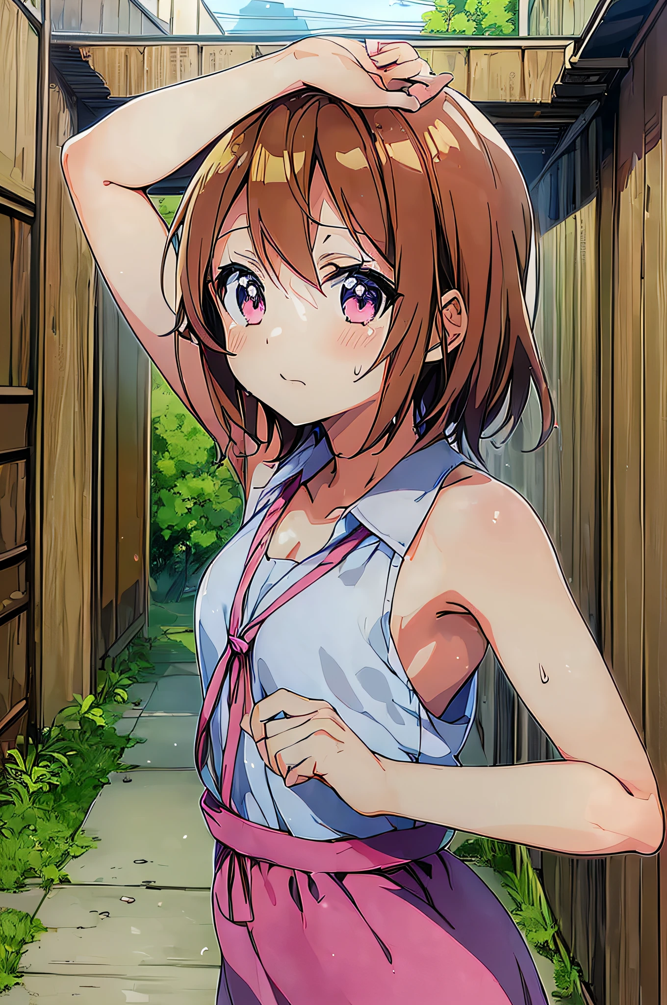 (Best Quality,Anime,Anime Art Style:1.5)Yuyushiki, Girl, 13 years old, Sweat, sleeveless dress, under the armpits